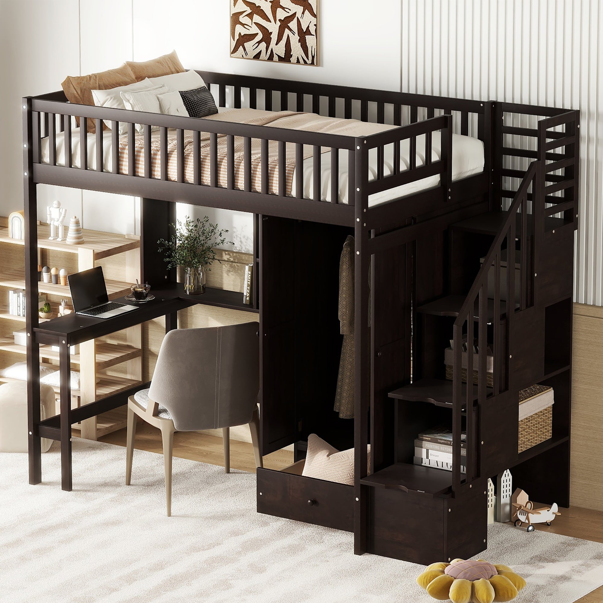Twin Loft Bed: Bookshelf, Desk, Drawers, Wardrobe - Espresso