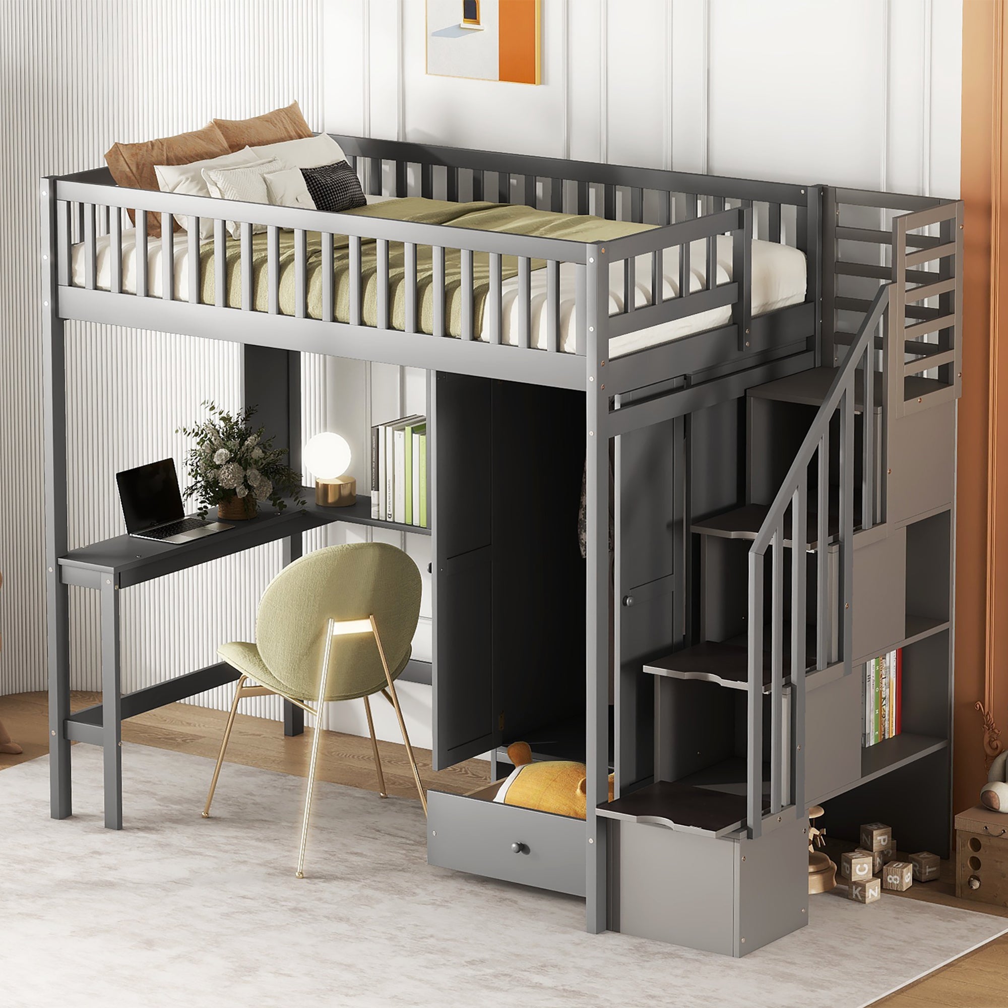Gray Twin Loft Bed with Desk, Drawers, Bookshelf & Wardrobe
