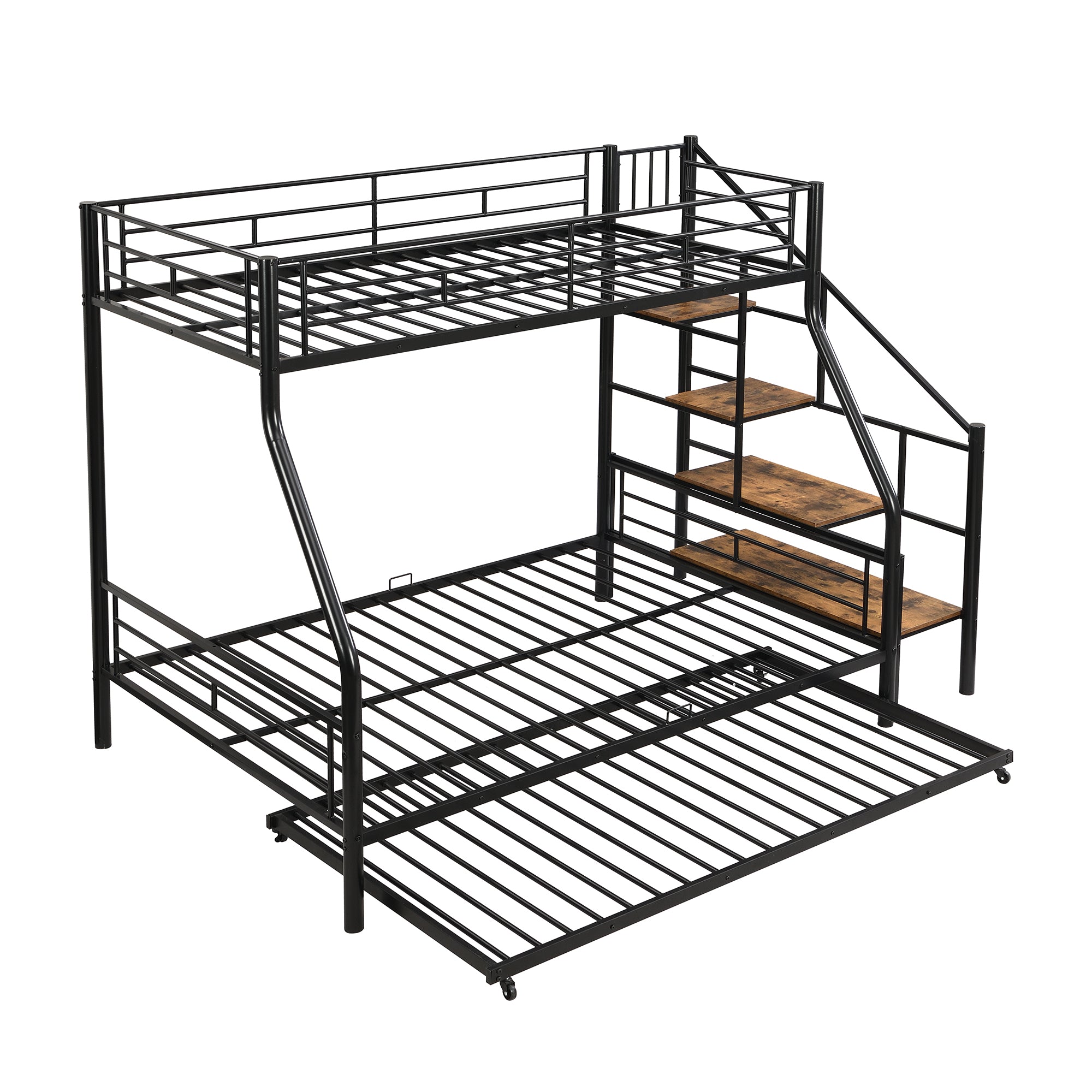 Black Twin Over Full Metal Bunk Bed with Trundle, Storage Stairs