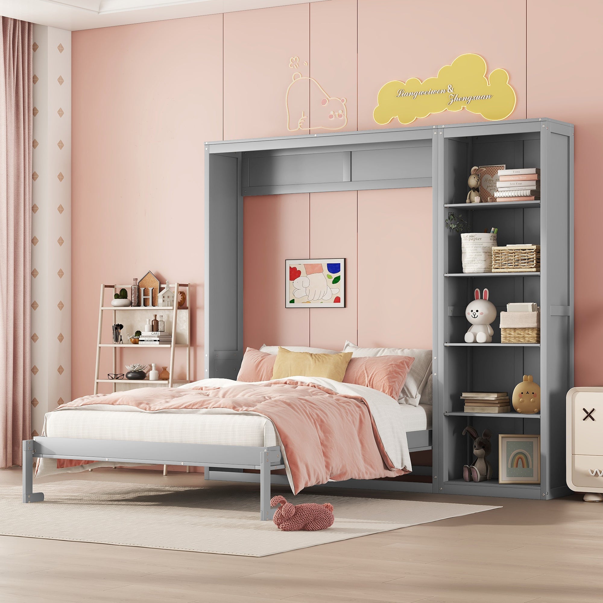 Full Size Gray Murphy Wall Bed w/ Shelves | Ideal for Small Spaces