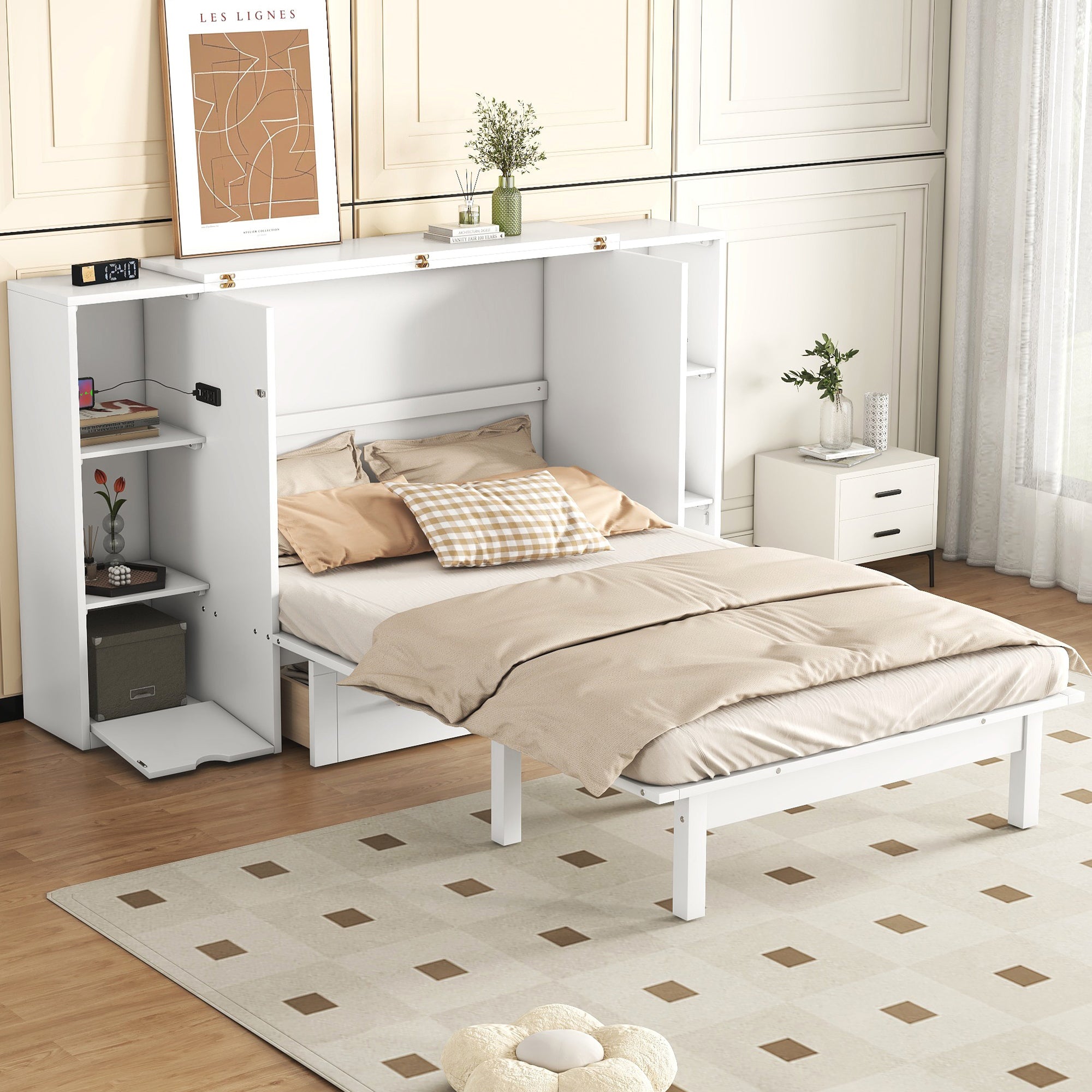 White Queen Murphy Bed: Shelves, Drawers, USB Ports