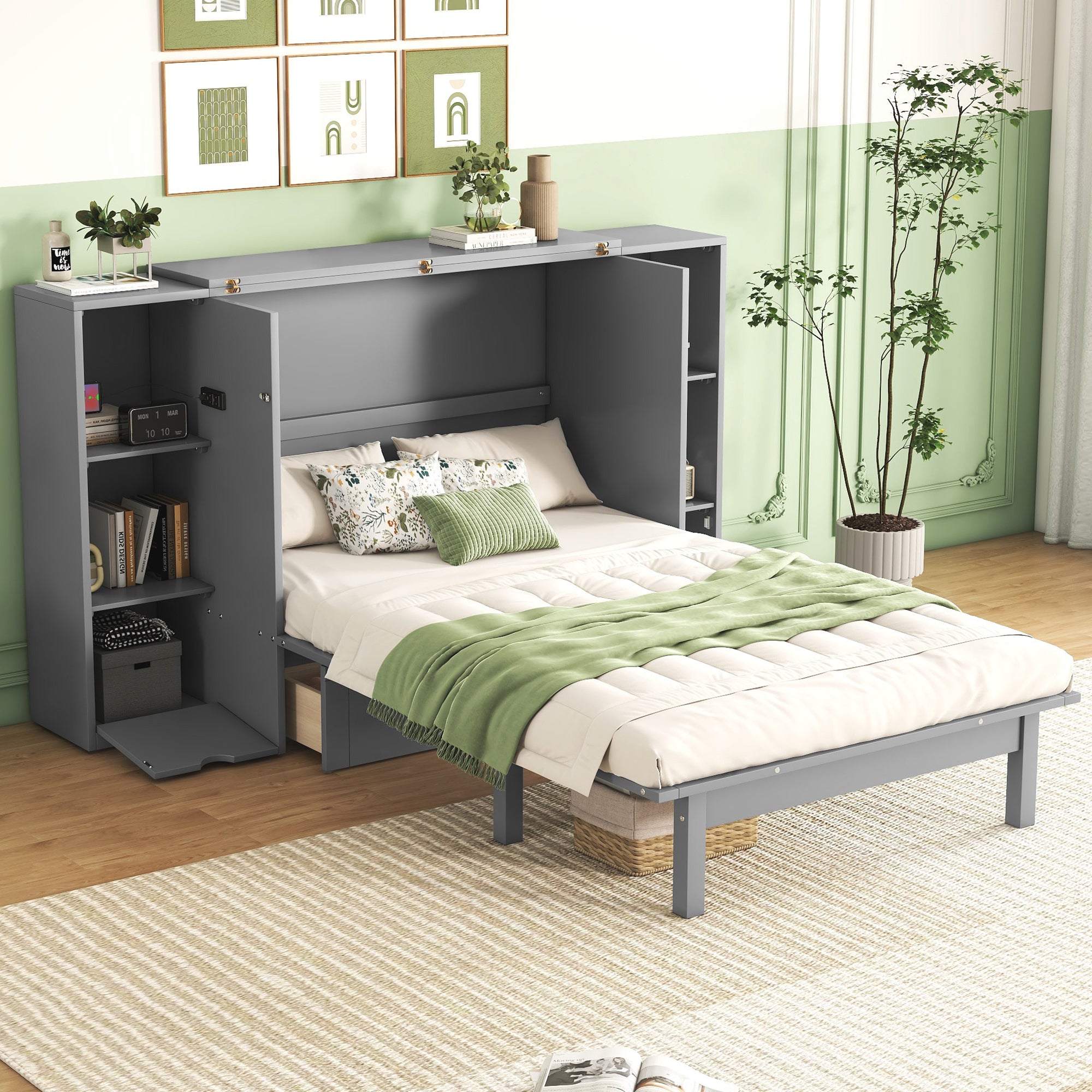 Space Saving Queen Murphy Bed with Storage & USB, Gray
