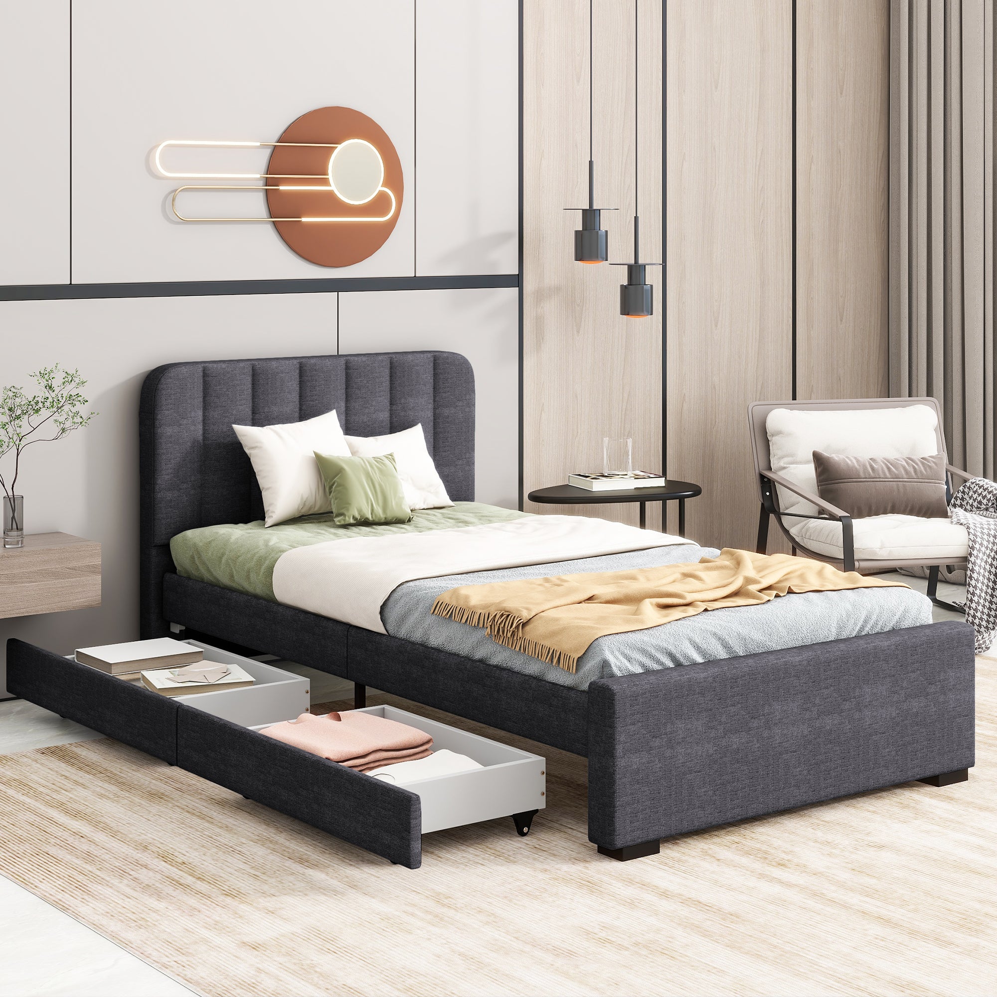 Twin Platform Bed Frame, Storage Drawers, USB Headboard, Grey Linen