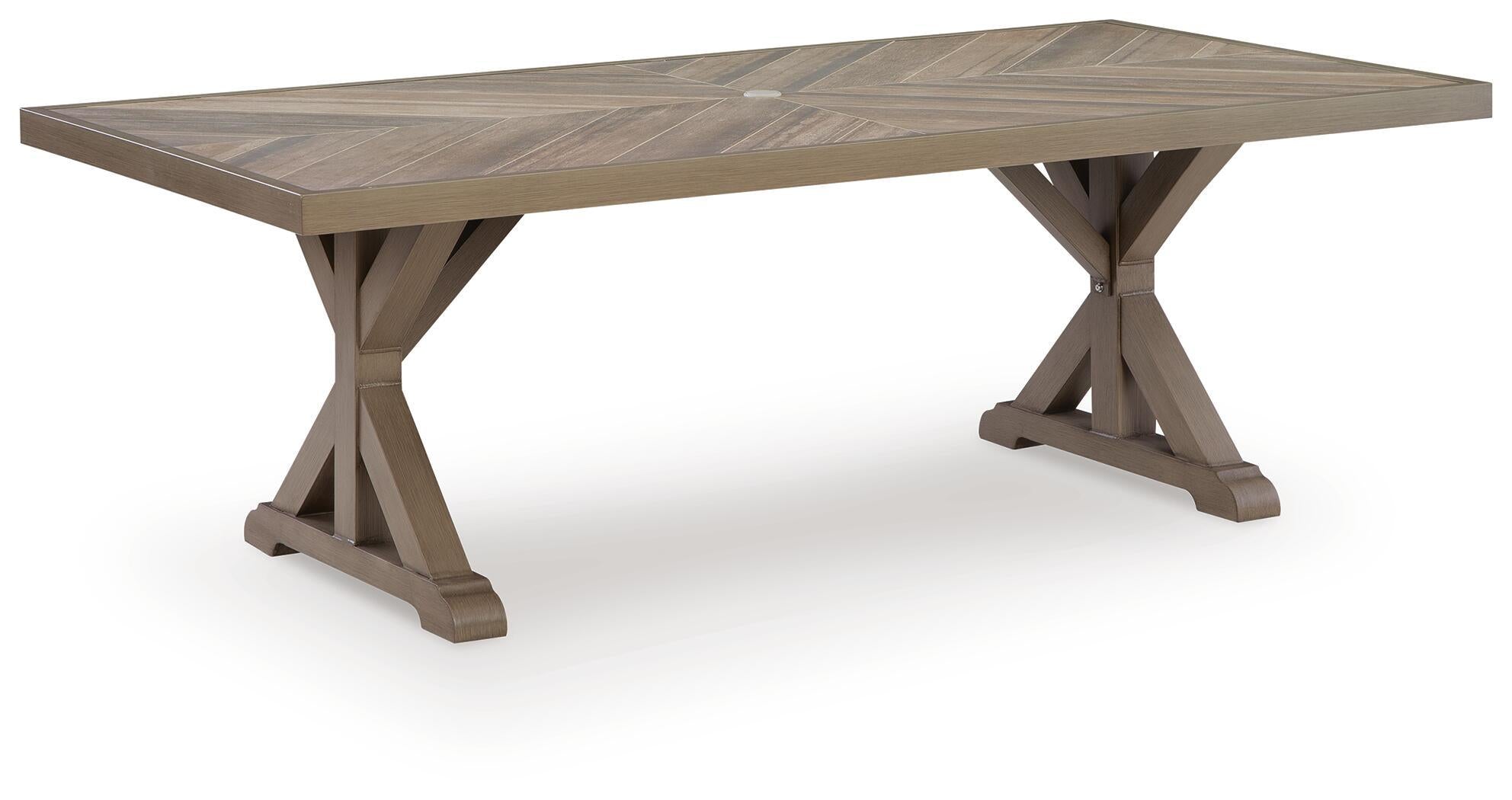 Rectangular outdoor dining table with light brown wooden tabletop and pedestal base