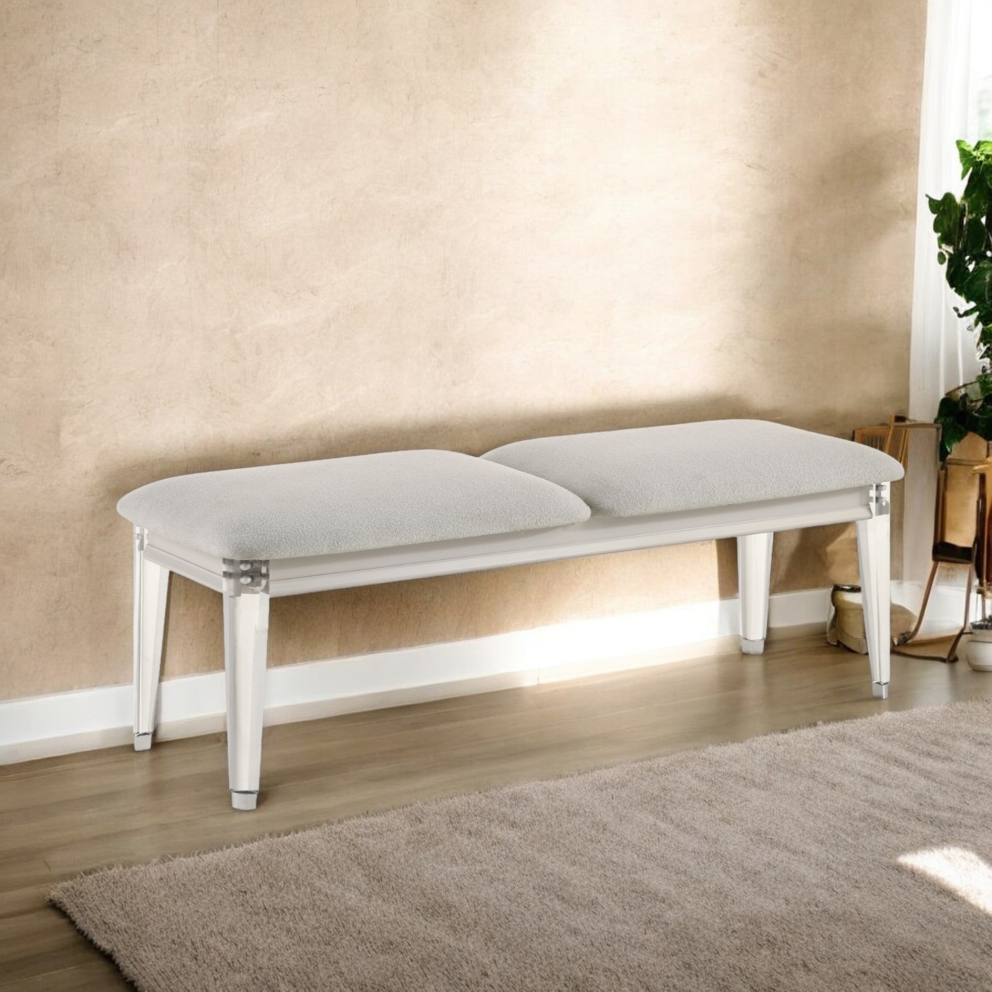 Laveda Light Gray Boucle & Pearl White Finish Bench