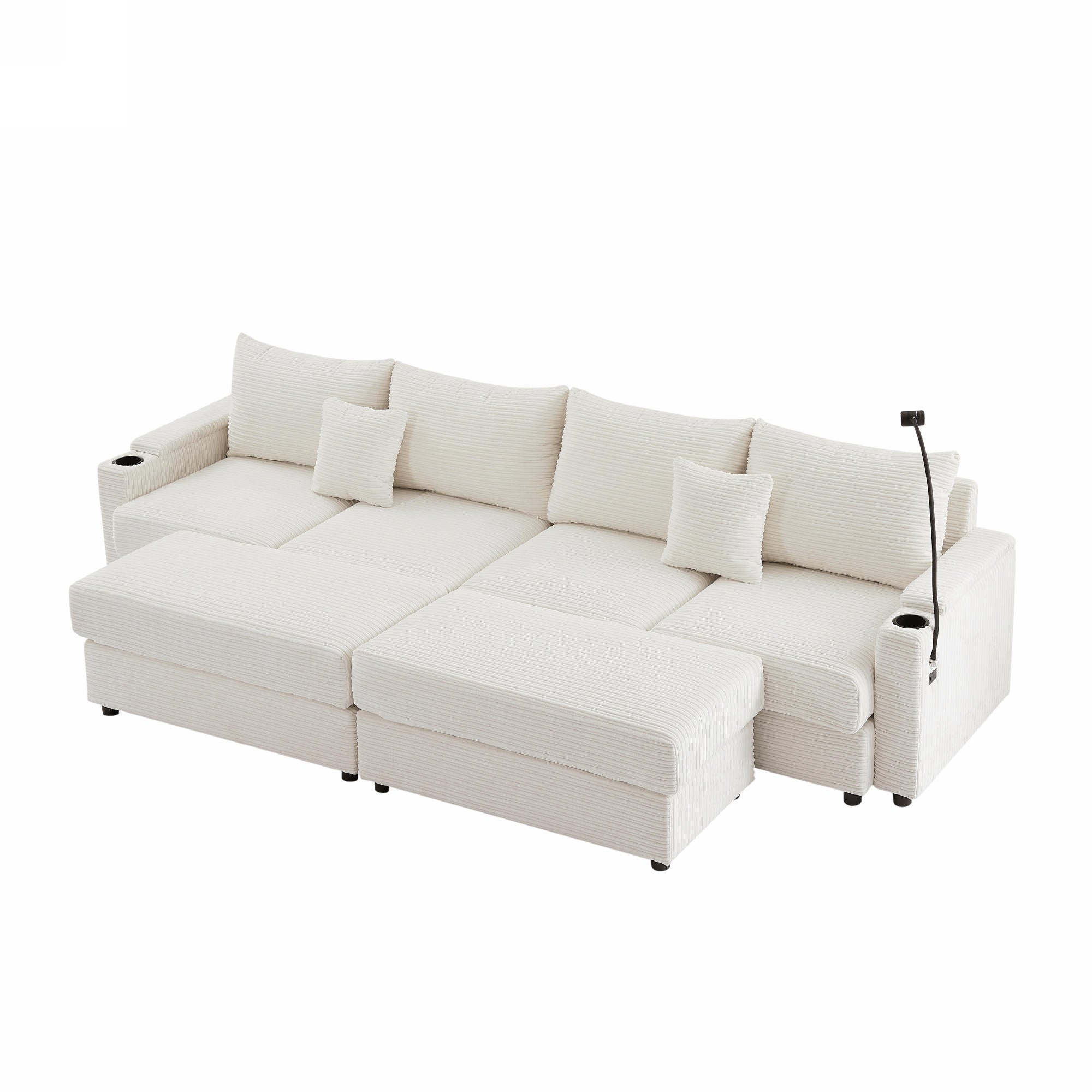 Modern 4-Seater Beige Corduroy Sectional Sofa w/ Storage USB