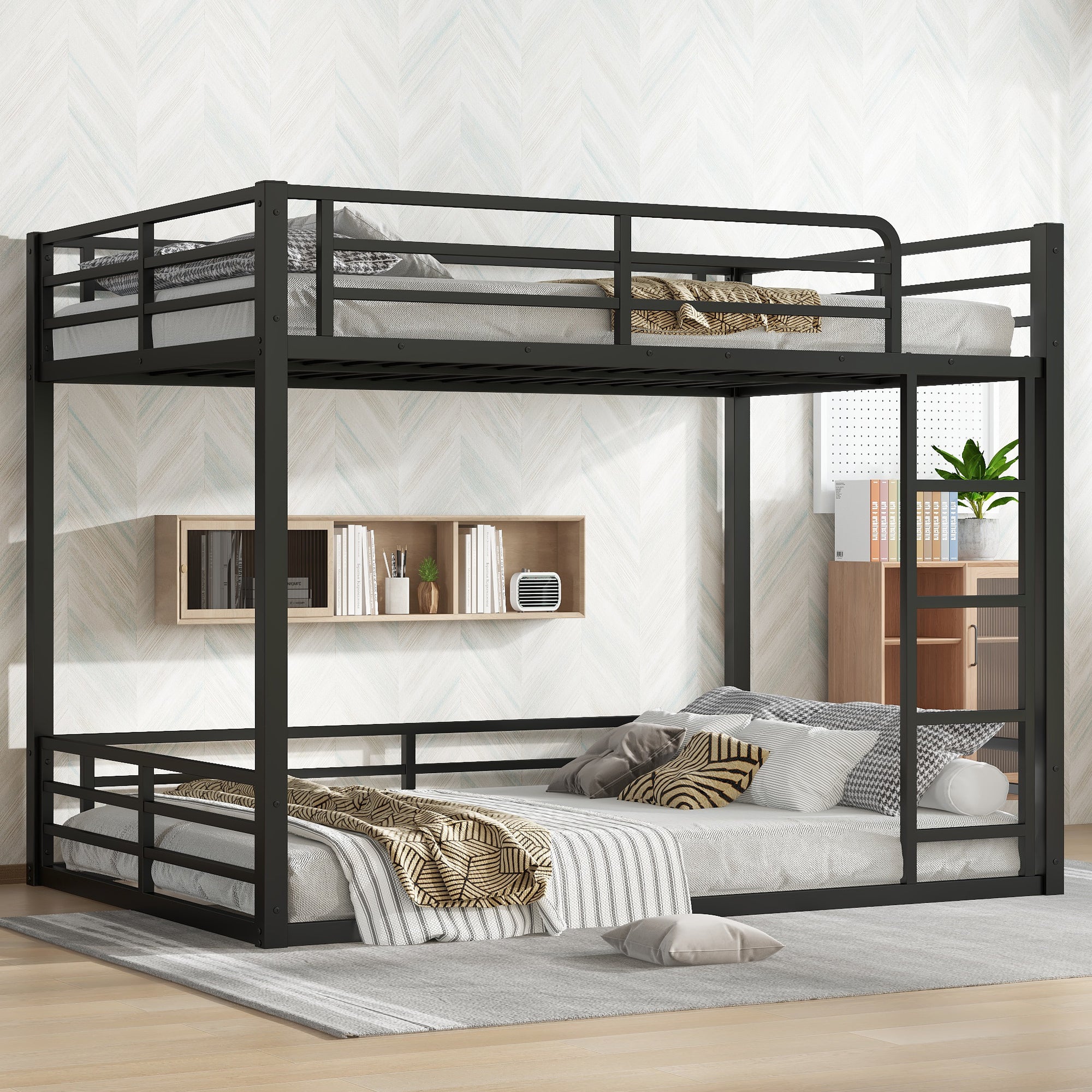 Metal Full over Full Floor Bunk Bed - Heavy-Duty, Noise-Reduced, Black
