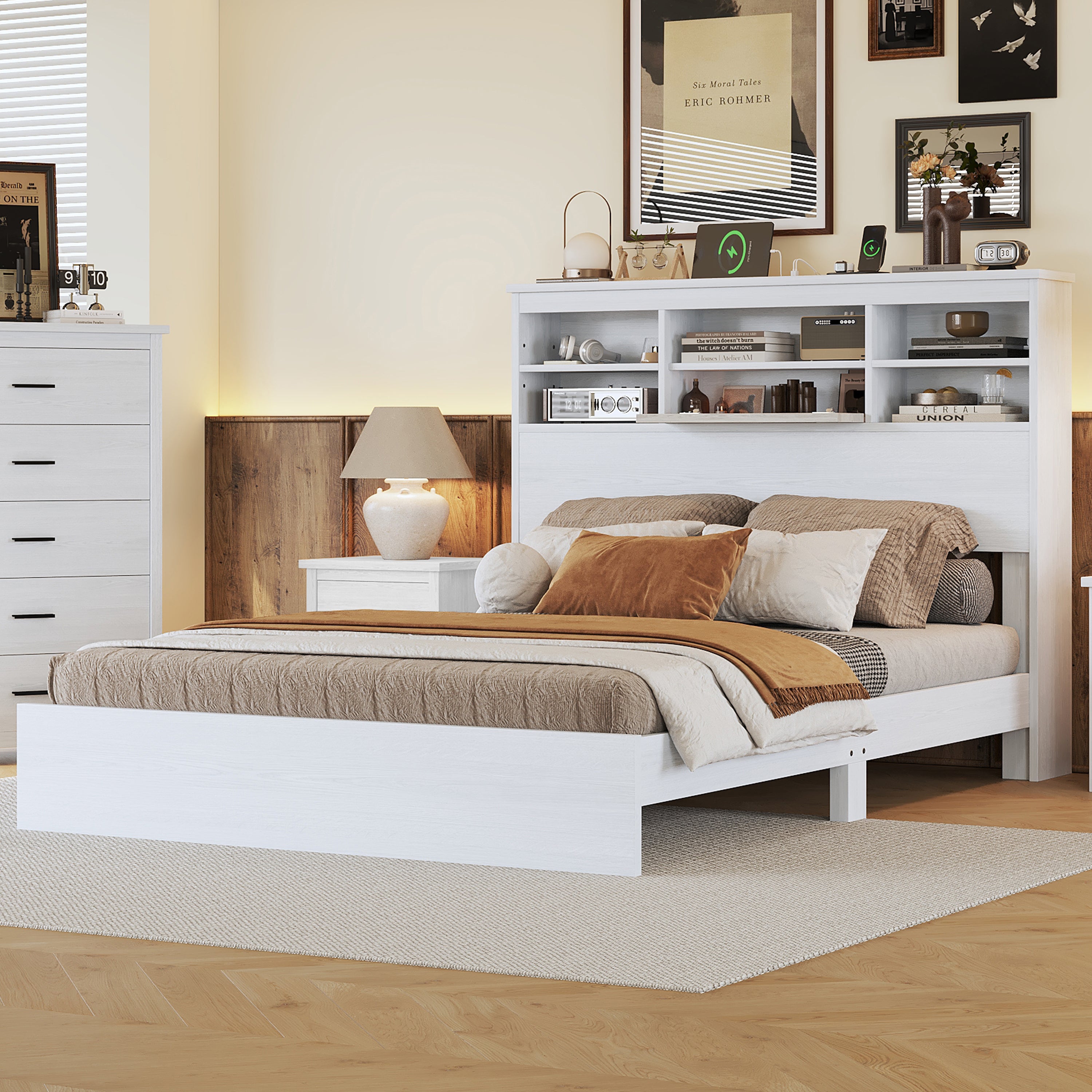 Queen Vintage Platform Bed w/ Storage, Charging Station, White