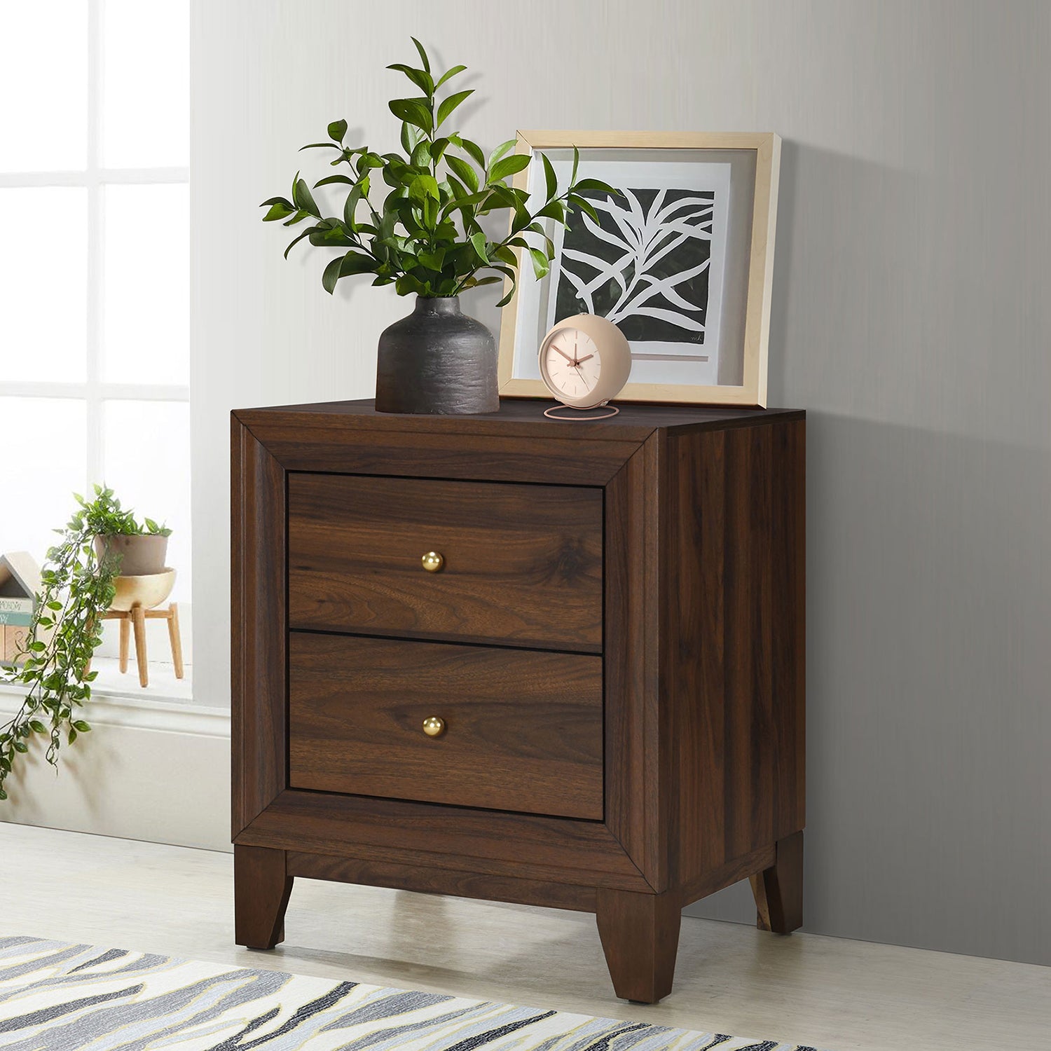 Anza Walnut 2-Drawer Nightstand Bedside Table Storage
