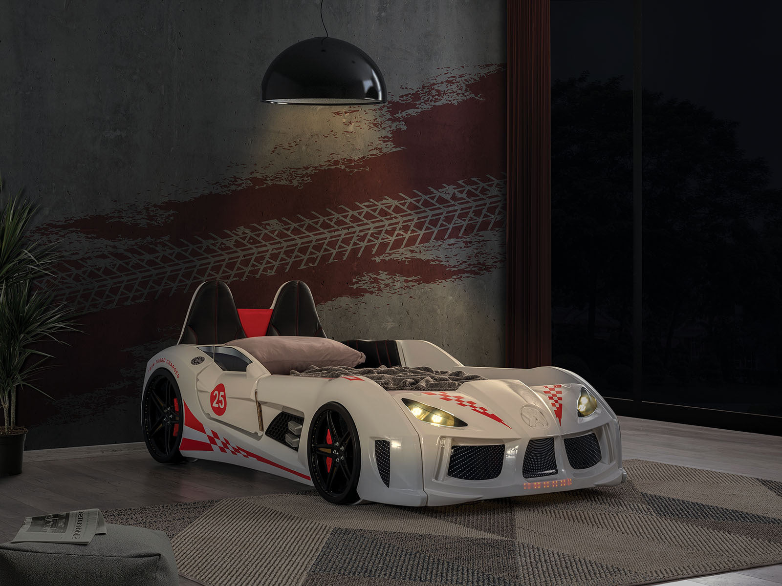 Twin White Race Car Bed | LED Lights | Modern Novelty Style