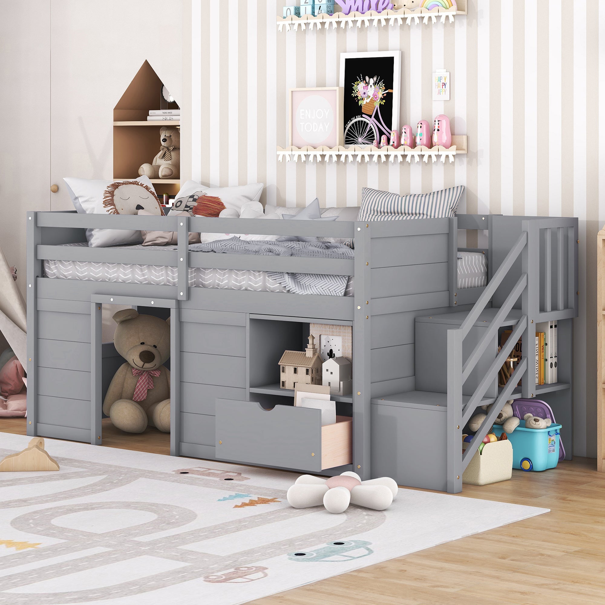 Grey Twin Low Loft Bed with Stairs, Drawer & Shelf - Solid Wood