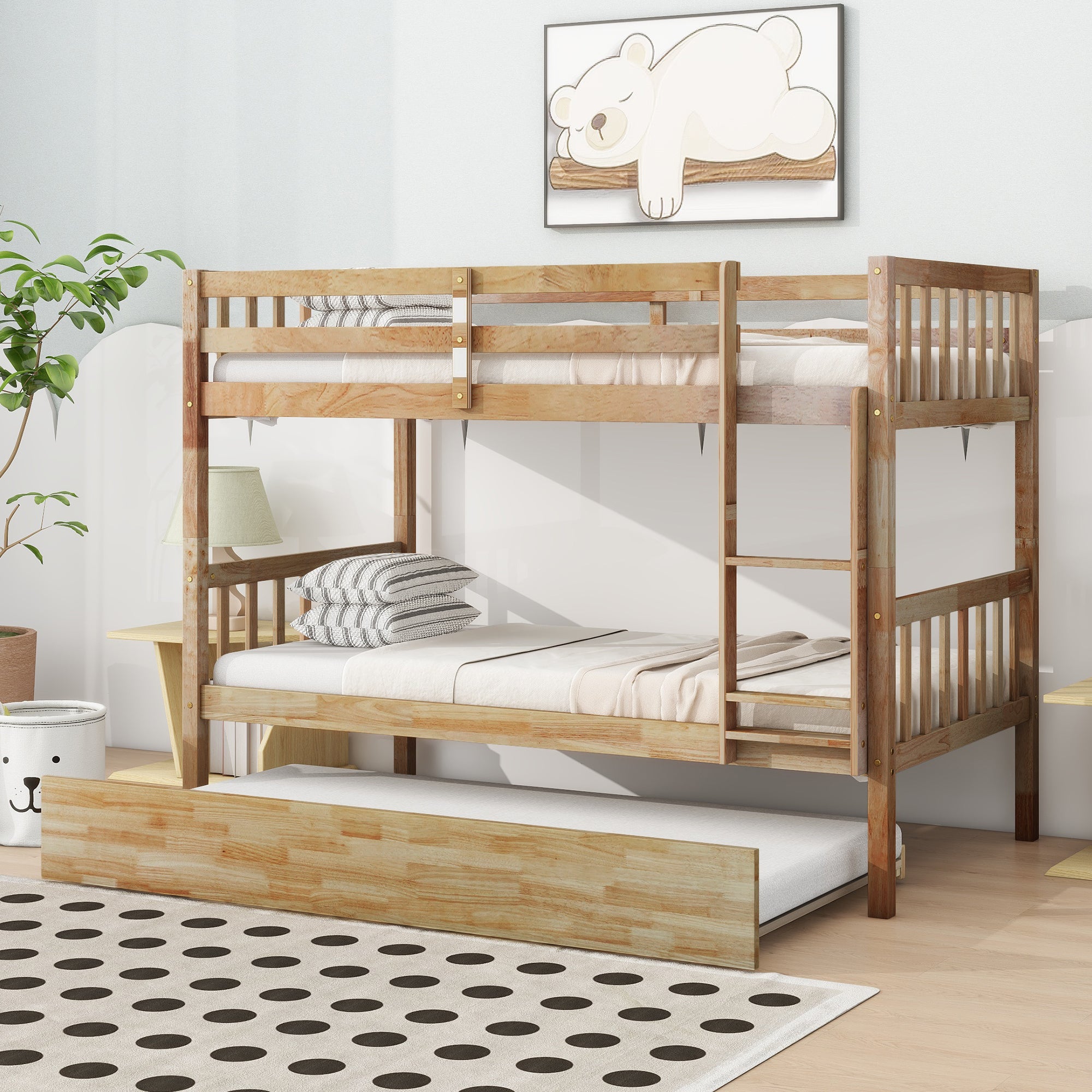 Natural Rubber Wood Twin Over Twin Bunk Bed, Trundle, Convertible