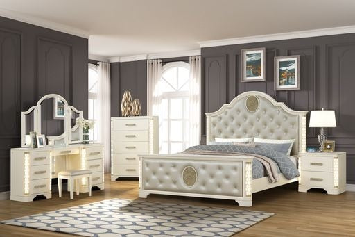 JASMINE Queen 5PC LED Vanity Bedroom Set | Beige Wood | NJ Stock