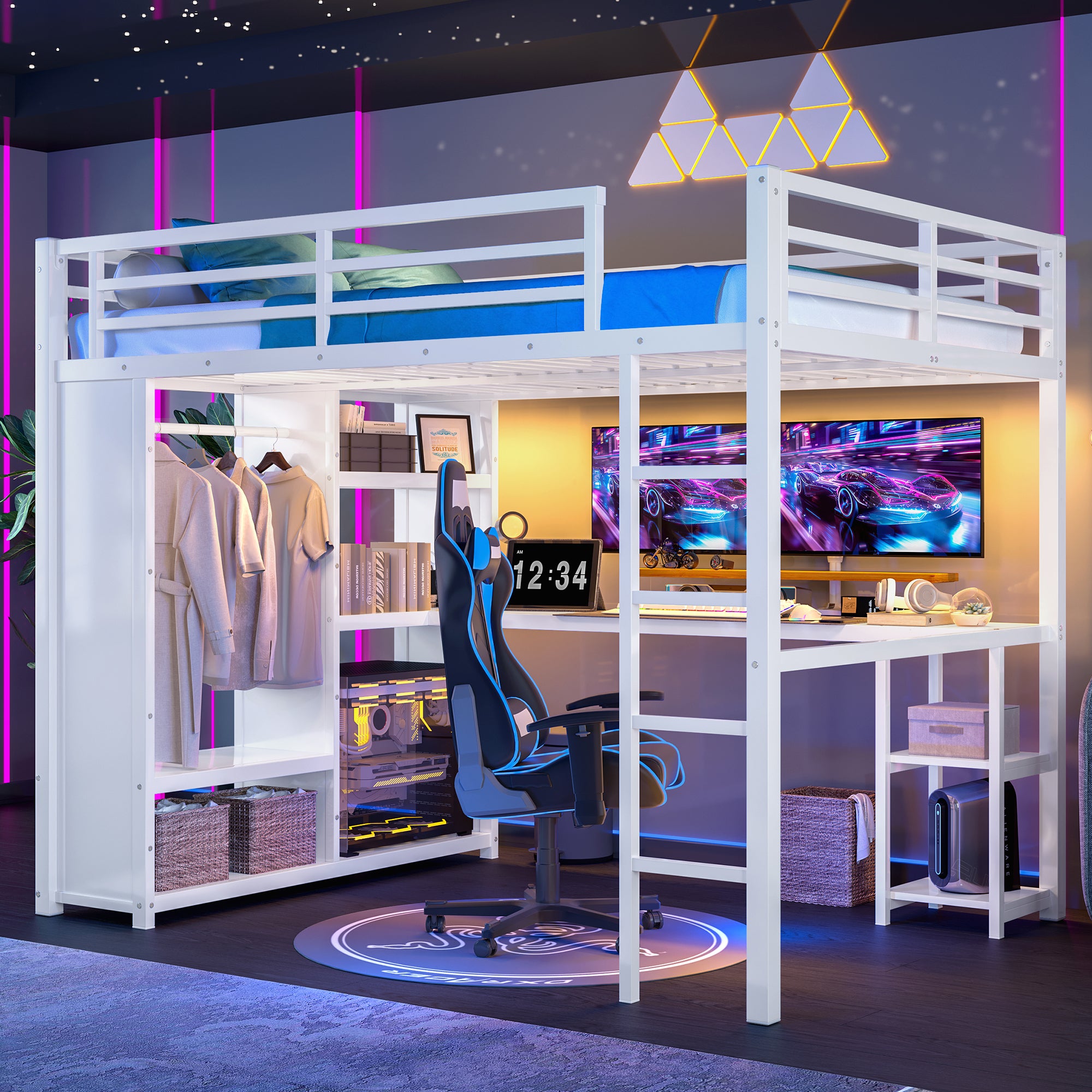White Queen Size Metal Loft Bed: Wardrobe, Desk, Storage Shelves