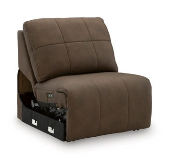 Russet armless power recliner with padded back, seat, and front control panel