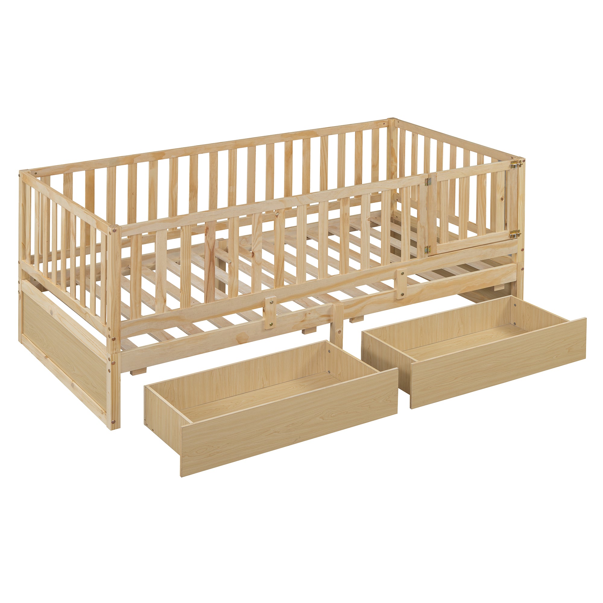 Natural Wood Twin Daybed: Guardrails, 2 Drawers, Convertible Floor Bed