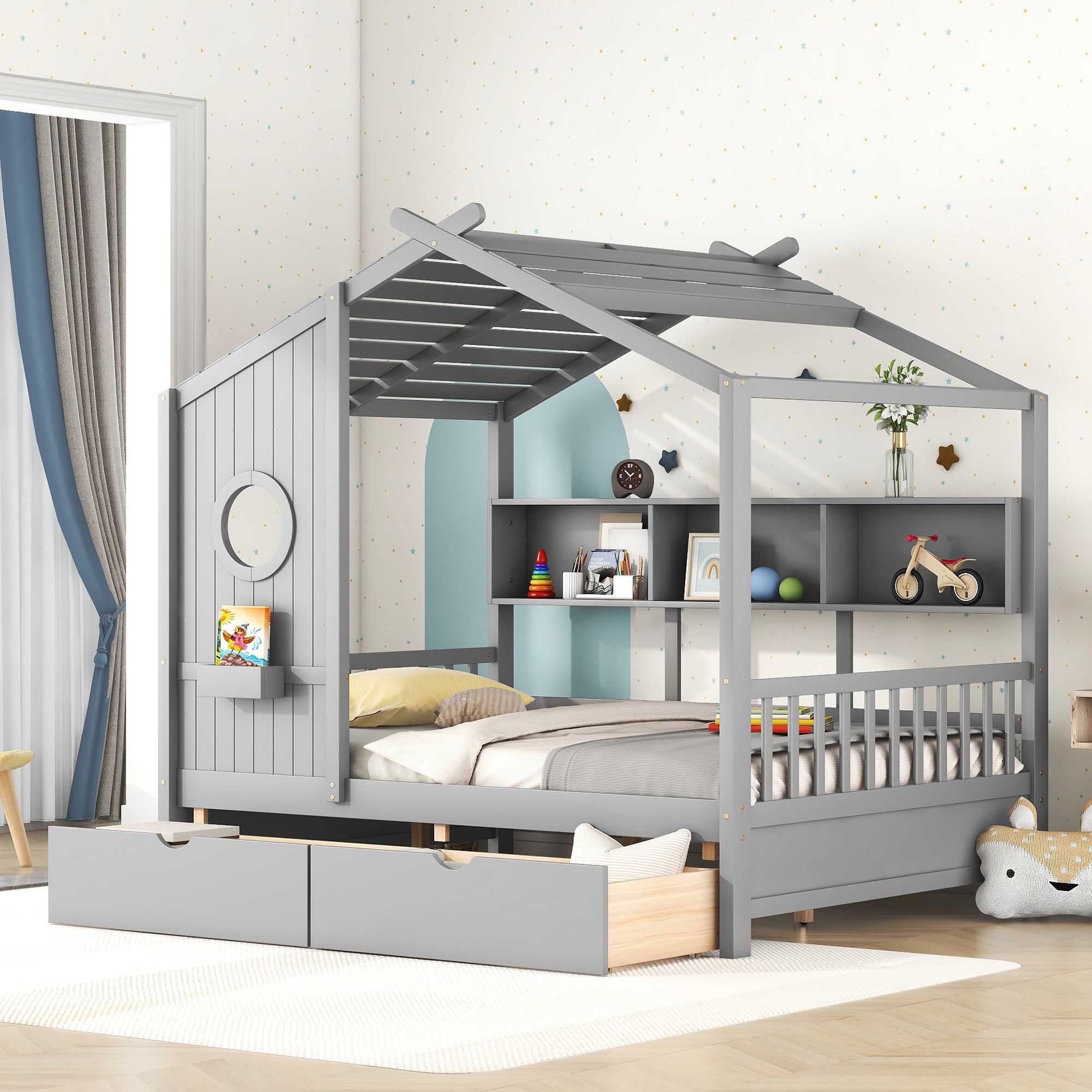 Gray Wooden Full Size House Bed with 2 Drawers & Storage Shelf for Kids