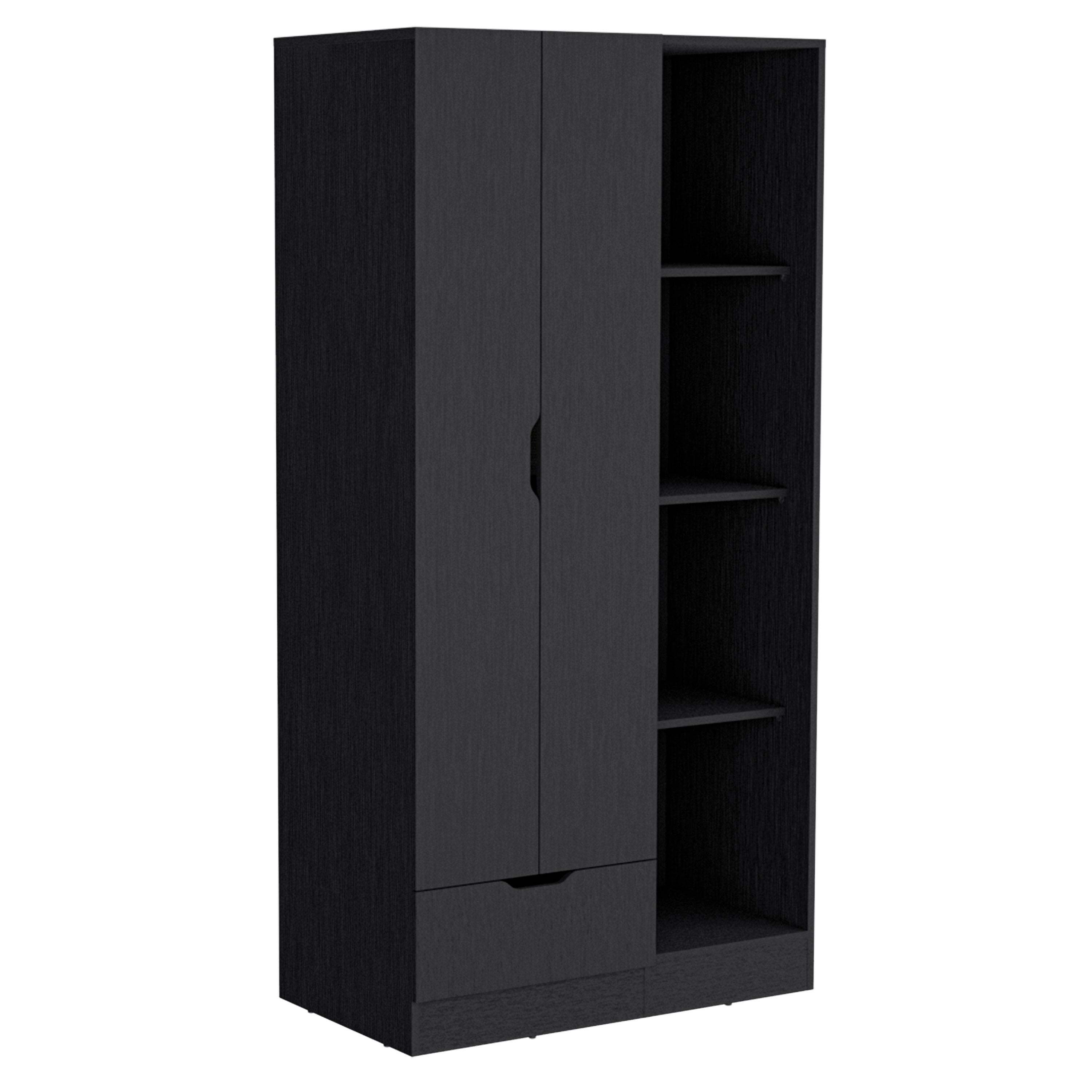 Black 71H Tall Armoire, Drawer, 4 Open Shelves, 2 Doors