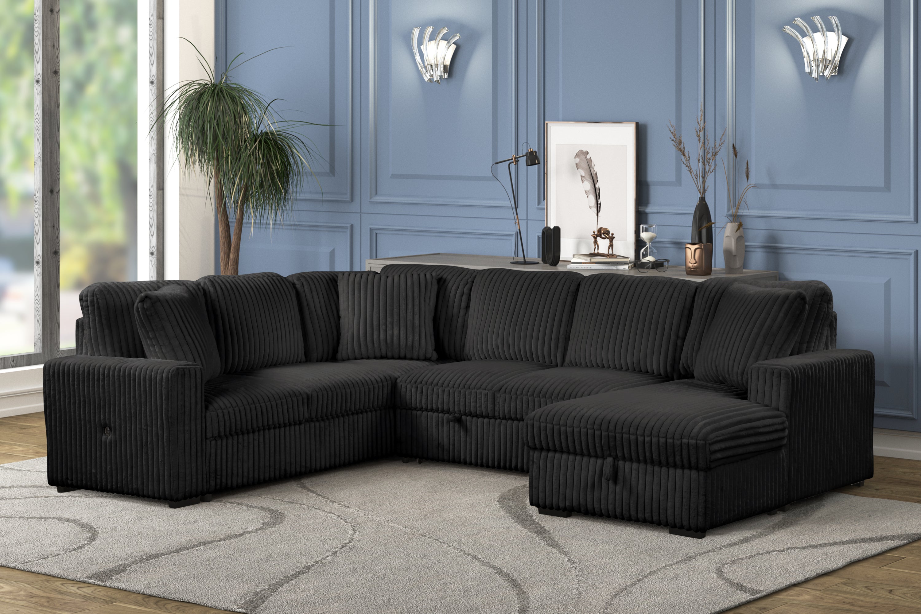 Grande Modern Black Sectional Sofa: Sleeper, Storage, USB-C