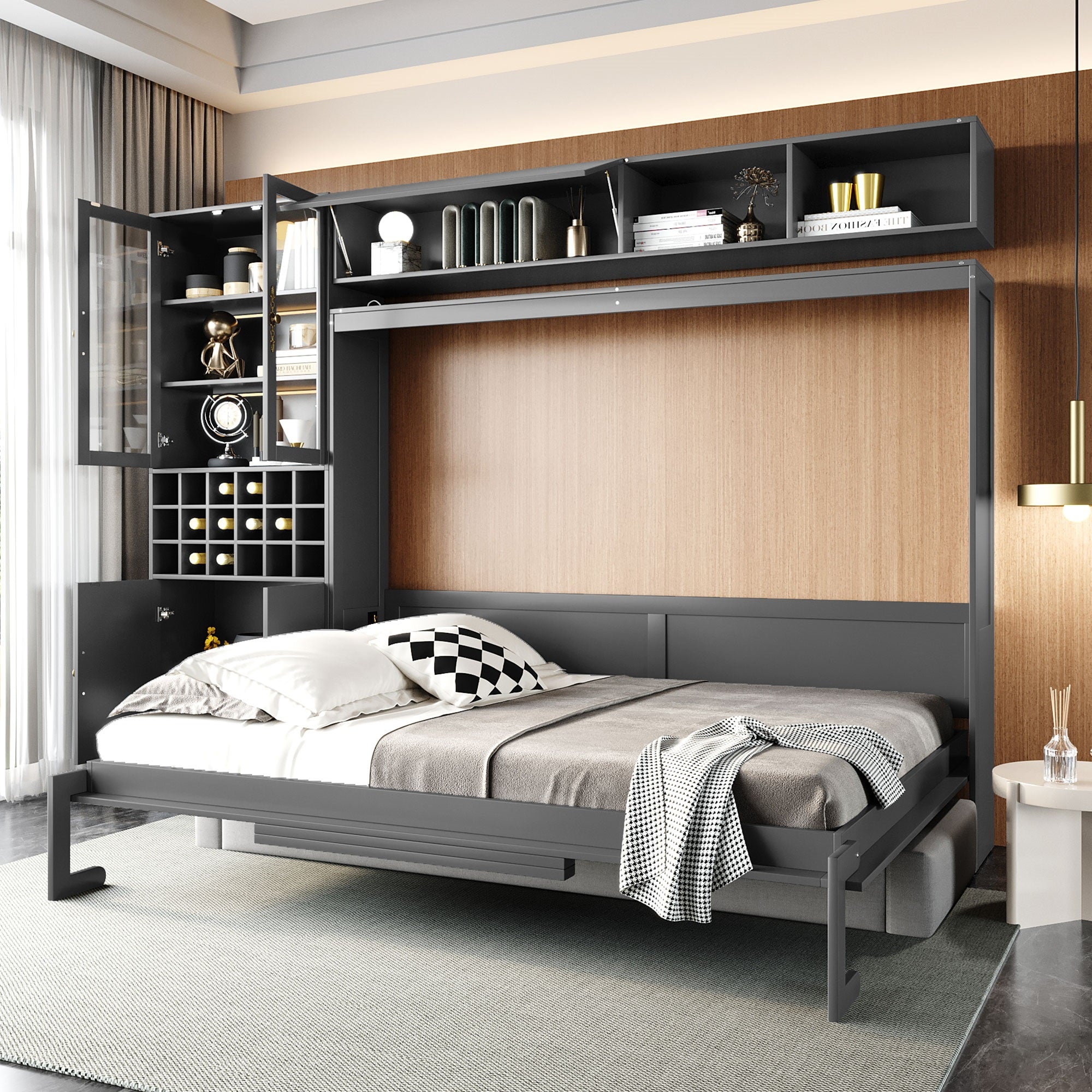 Queen Size Murphy Bed Wall Bed with Sofa, Shelves USB & Light, Gray