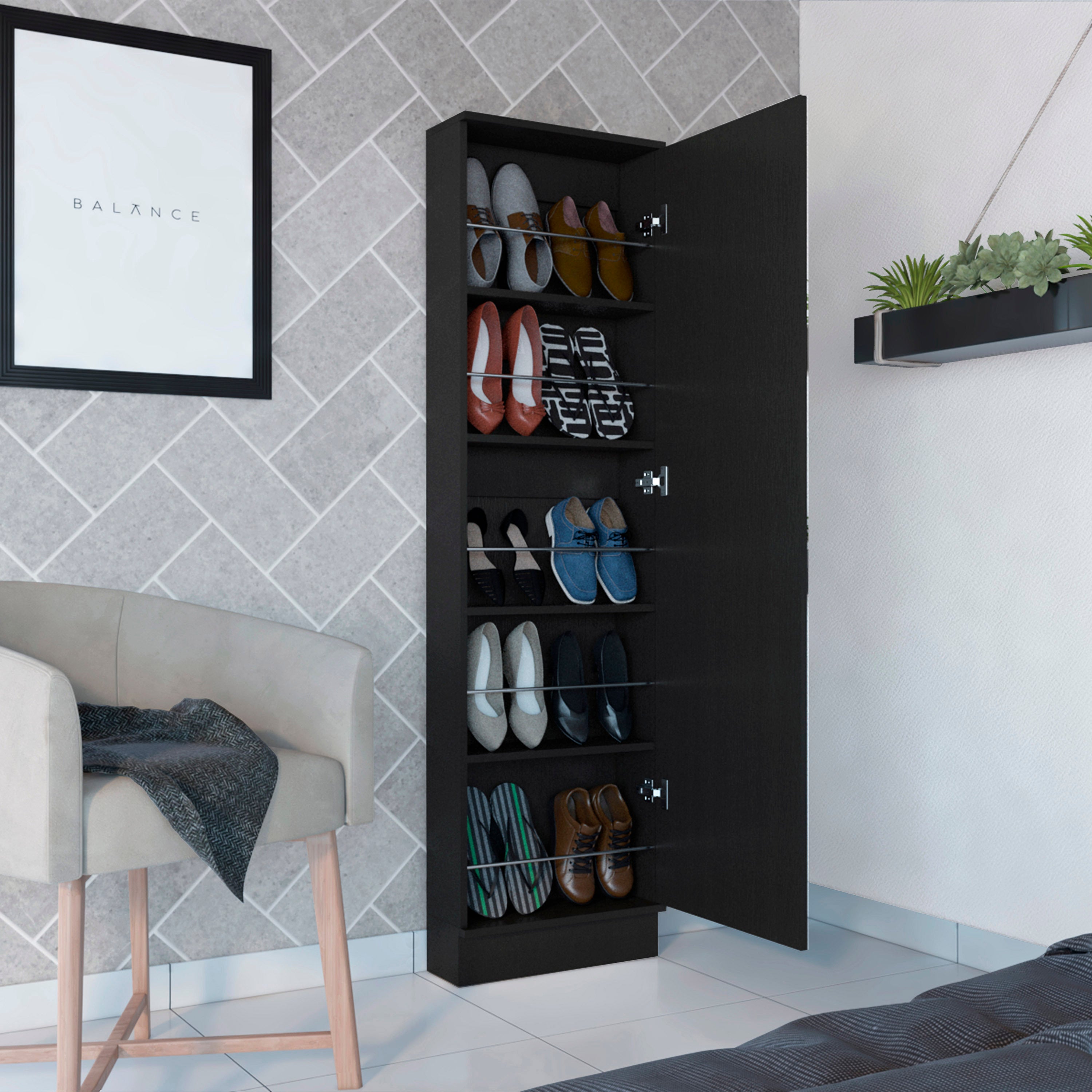 Black Wengue Shoe Rack Cabinet: Mirror, 5 Shelves, Single Door