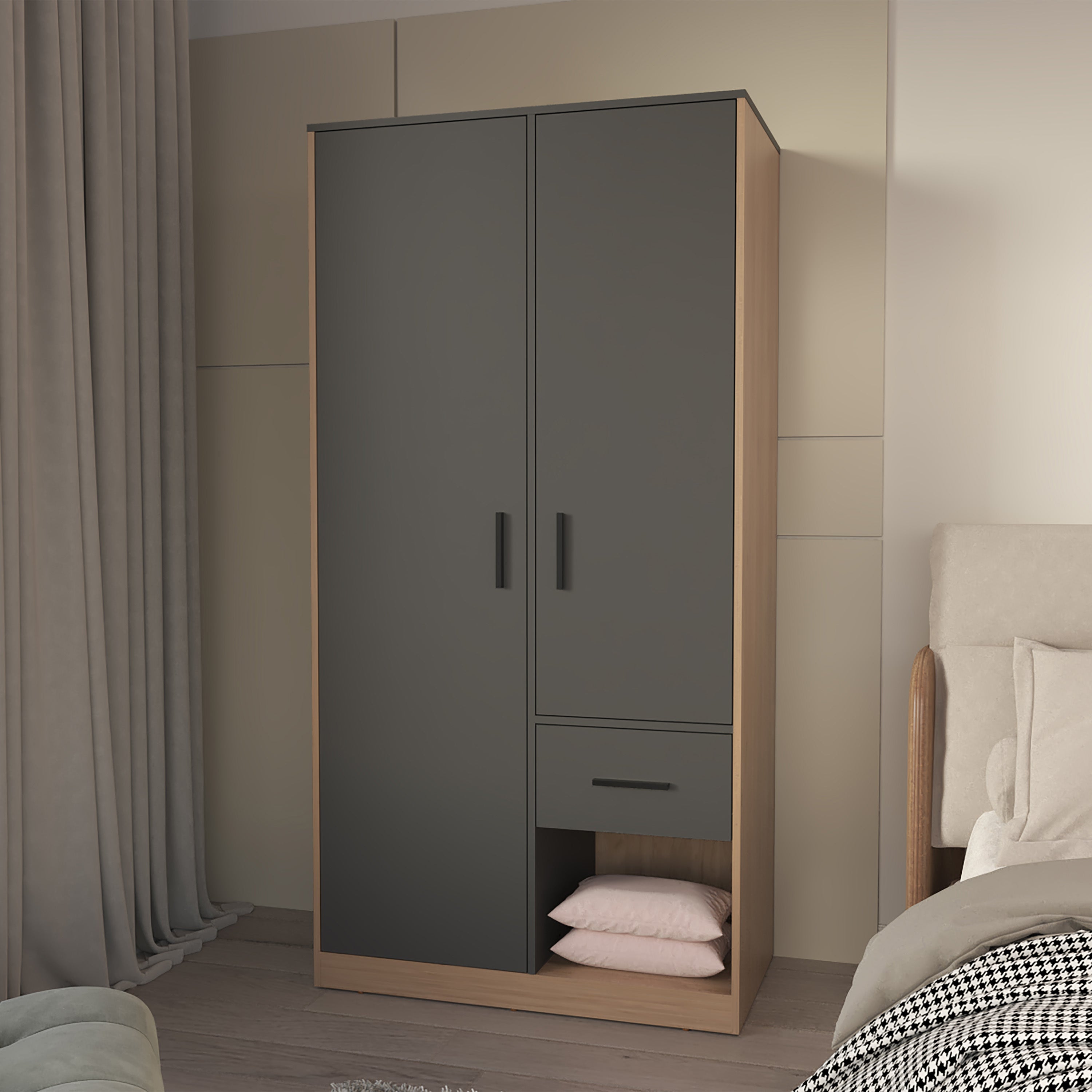 Lugoff Wardrobe 2 Doors 1 Drawer - Matt Grey & Natural Oak