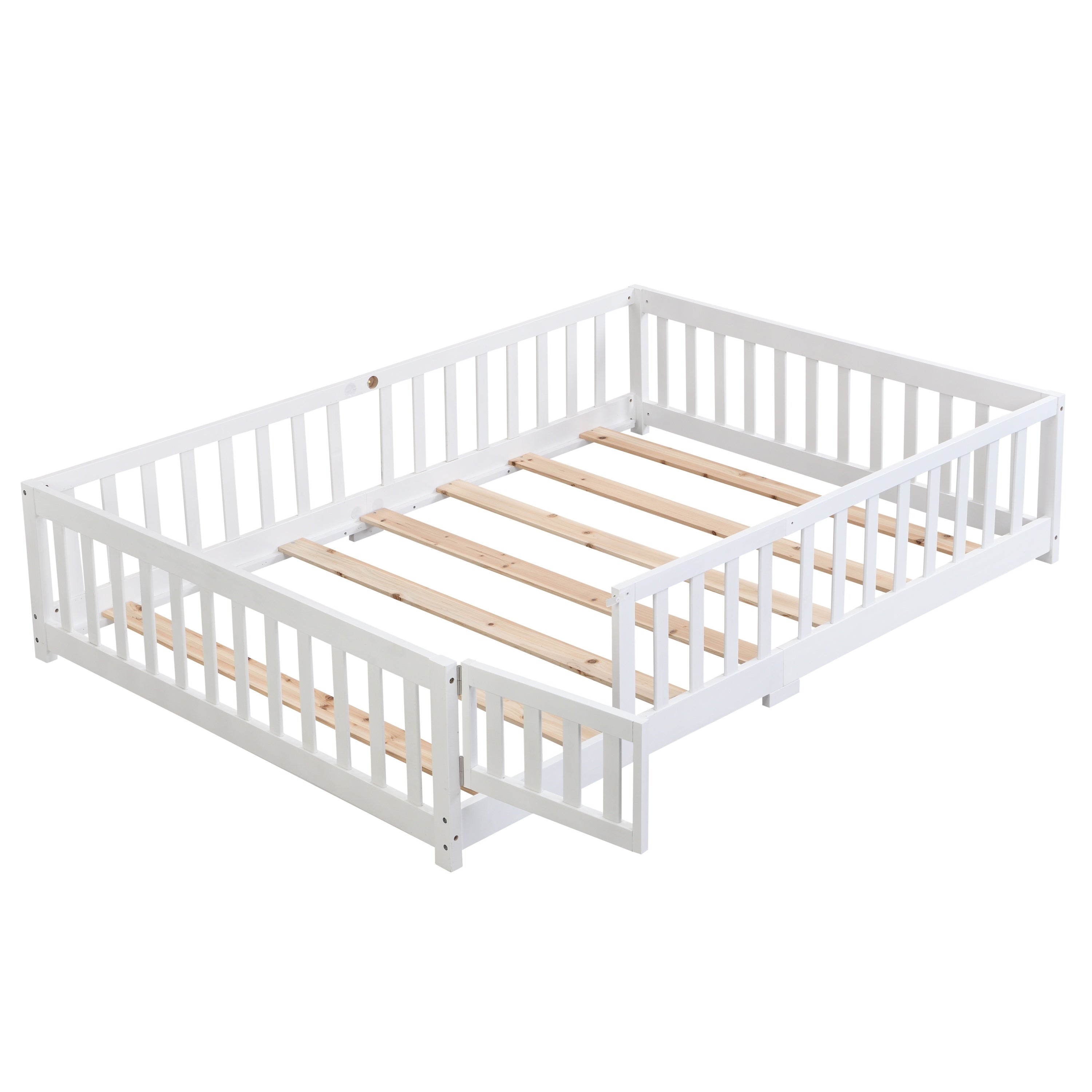 Twin Floor Bed White Pine Wood with Door & Safety Fence for Kids