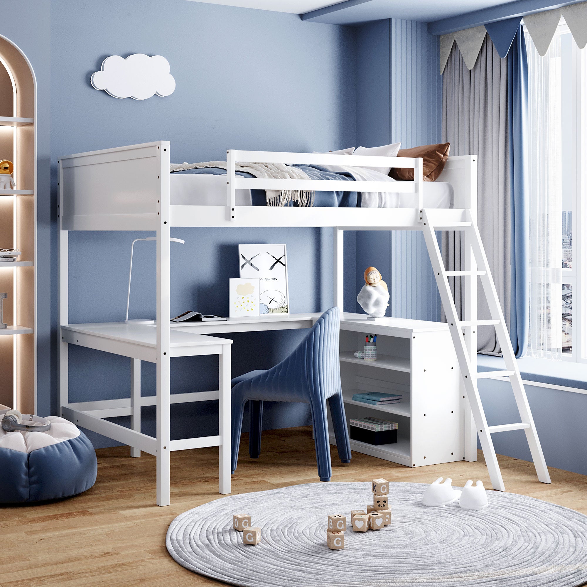 Full Size White Wooden Loft Bed with Desk & Shelves - Space Saving