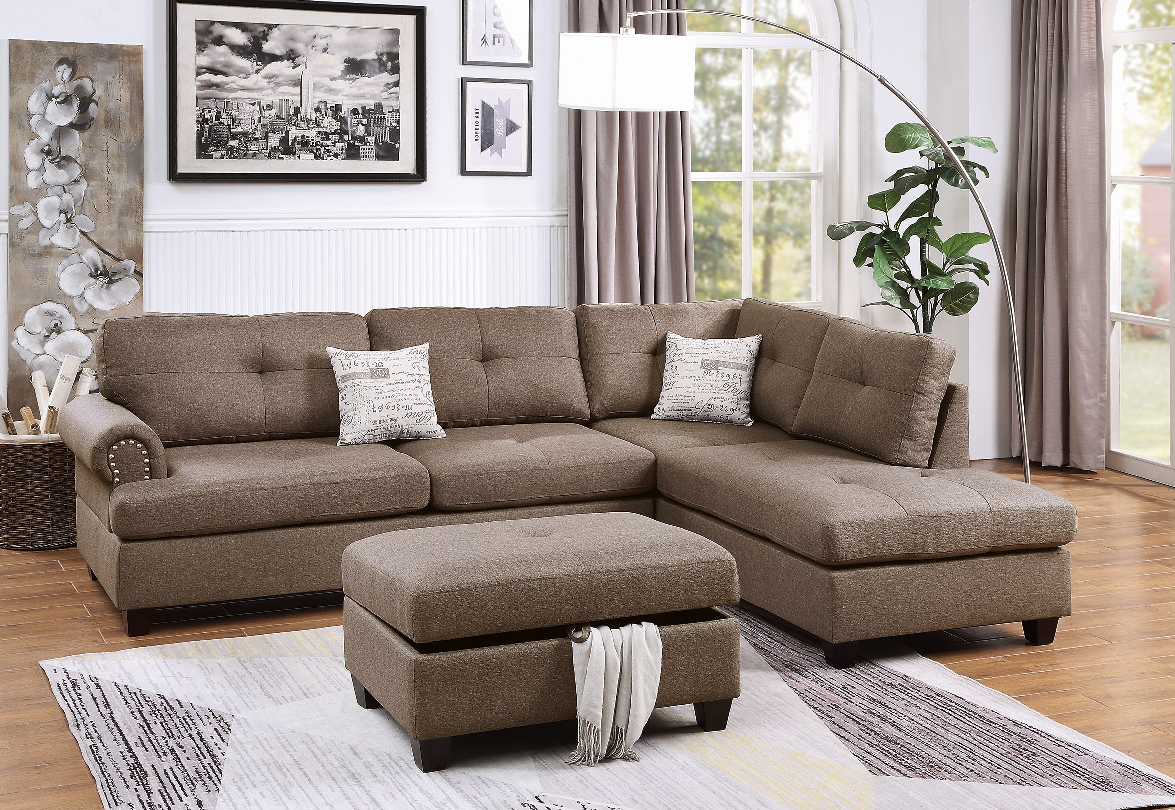Contemporary Mocha Sectional Sofa w/Chaise & Ottoman - Reversible