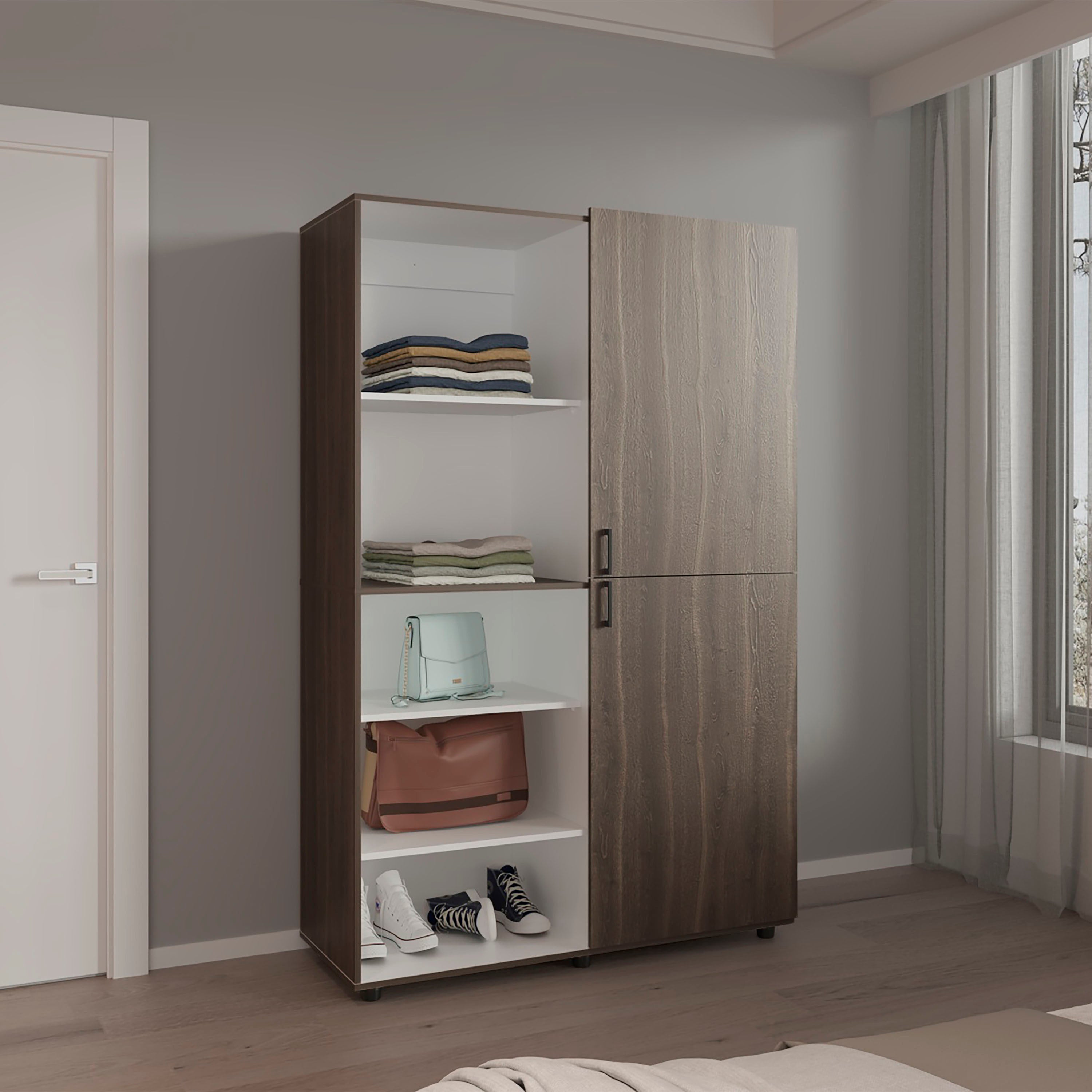 Gray Walnut Wardrobe: 72.4"H, 2 Doors, 5 Shelves