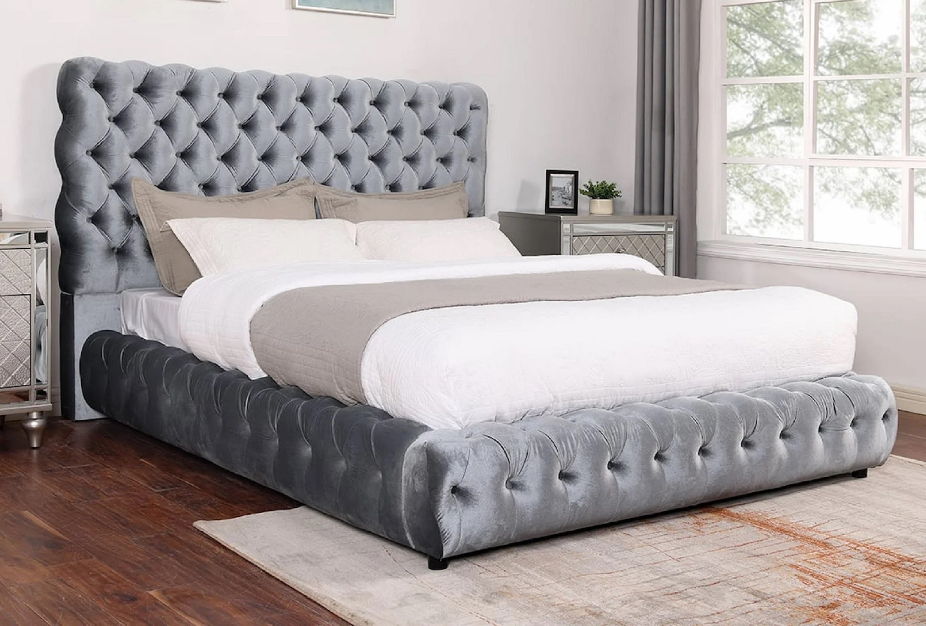 Gray Contemporary Tufted King Bed Upholstered Headboard & Footboard