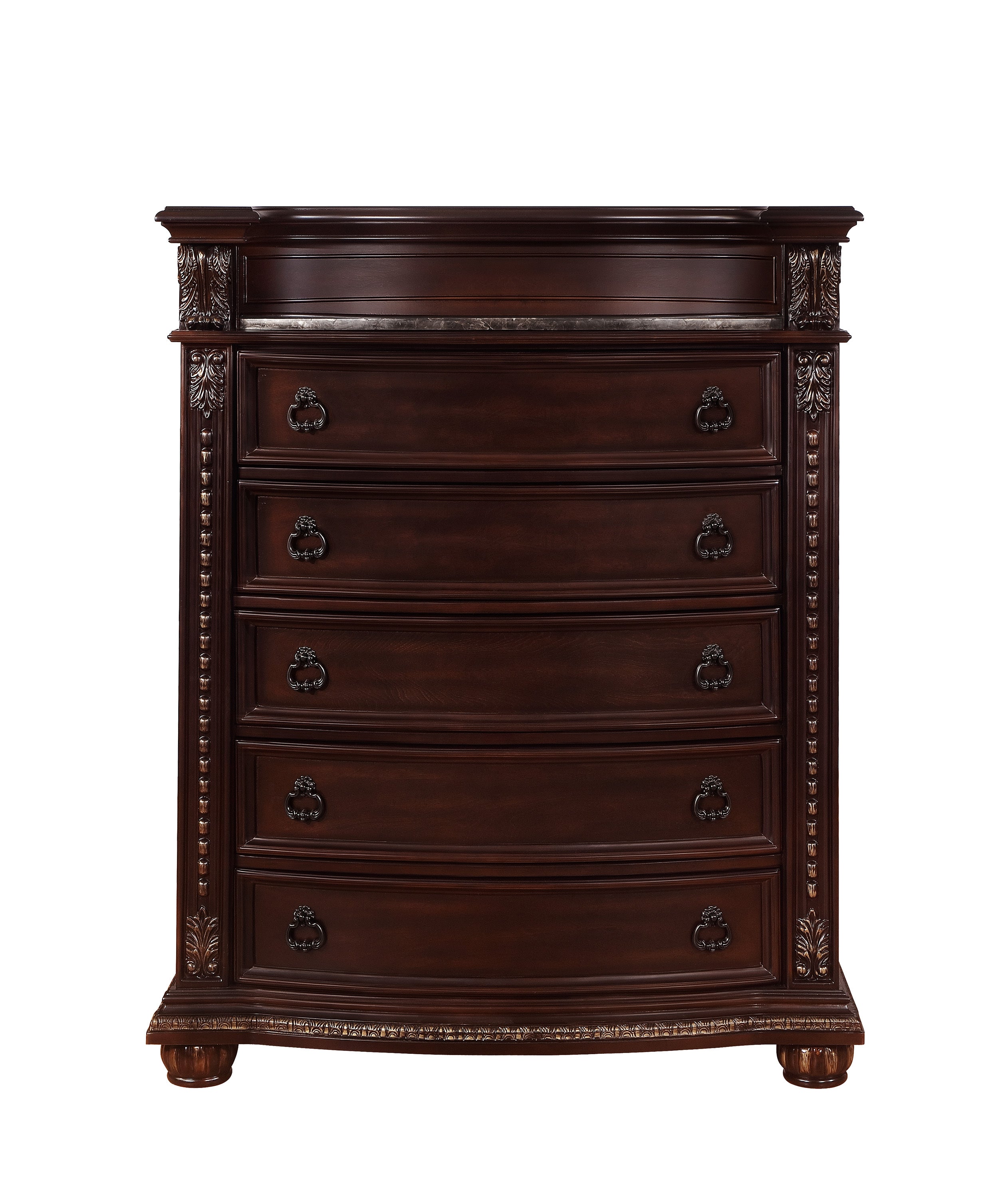 Marble Top 5-Drawer Tall Chest - Dark Cherry Bedroom Furniture