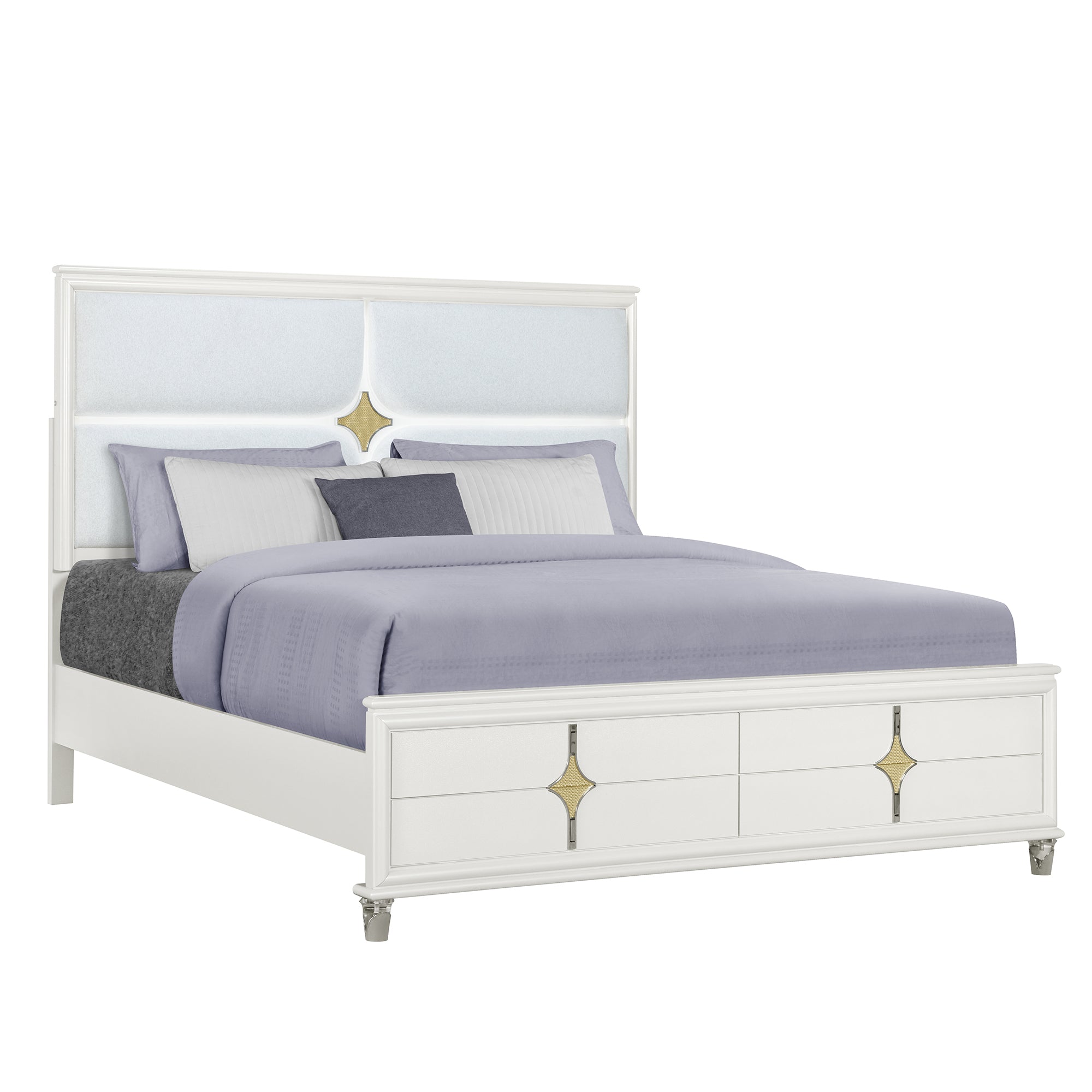 URIUNI Gold & White Queen Bed, LED Lights, Solid Wood, MDF