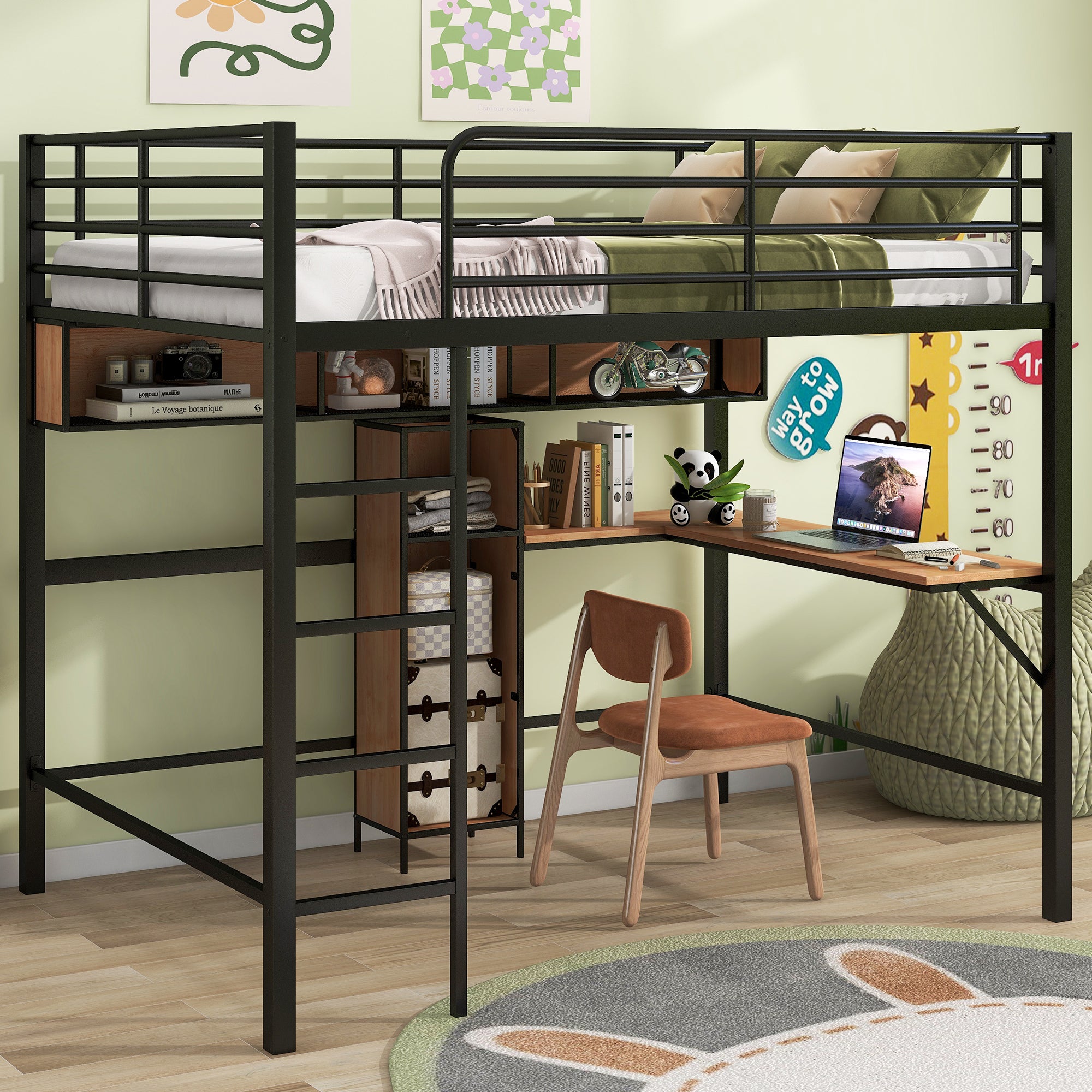 Full Size Metal Wood Loft Bed with L-Desk & Shelves, Black/Brown
