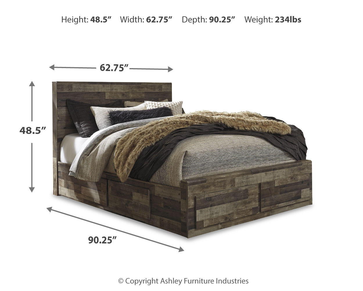 Wood panel bed with gray upholstered headboard and width/height measurements overlay