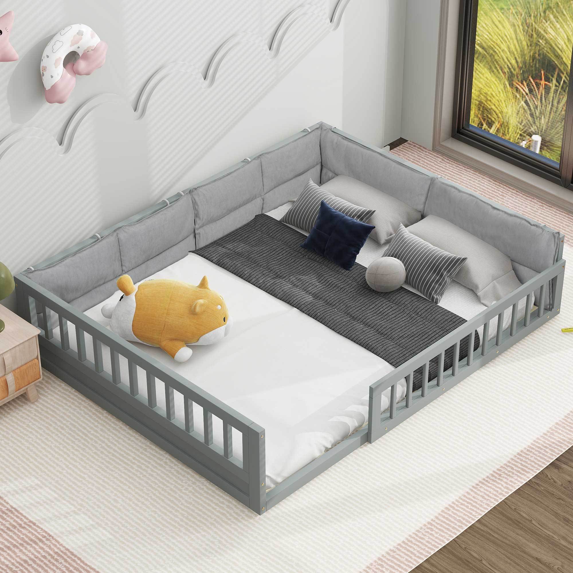 Full Size Upholstered Platform Bed, Gray Wood, Guardrail & Pillow