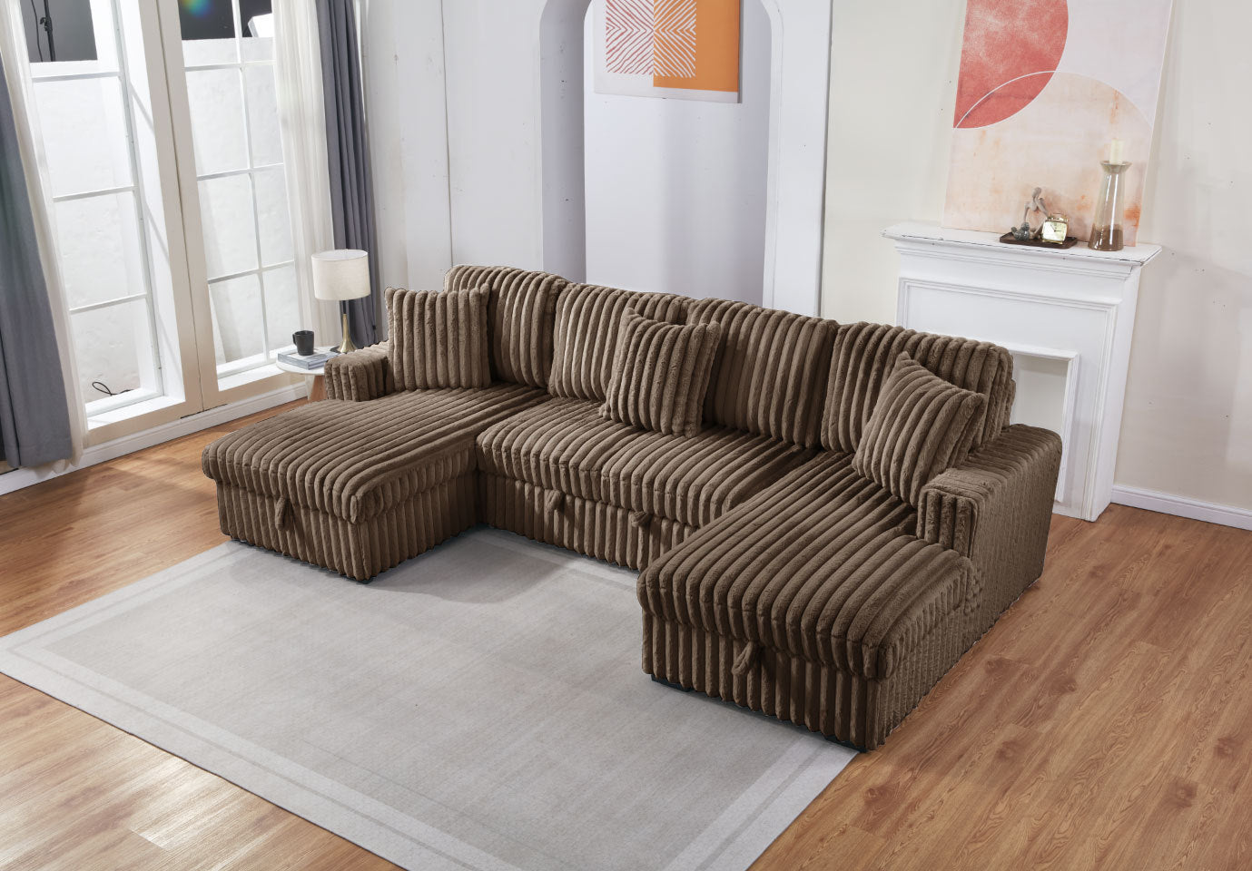 Brown Pull Bed Storage Chaise Sectional Sofa