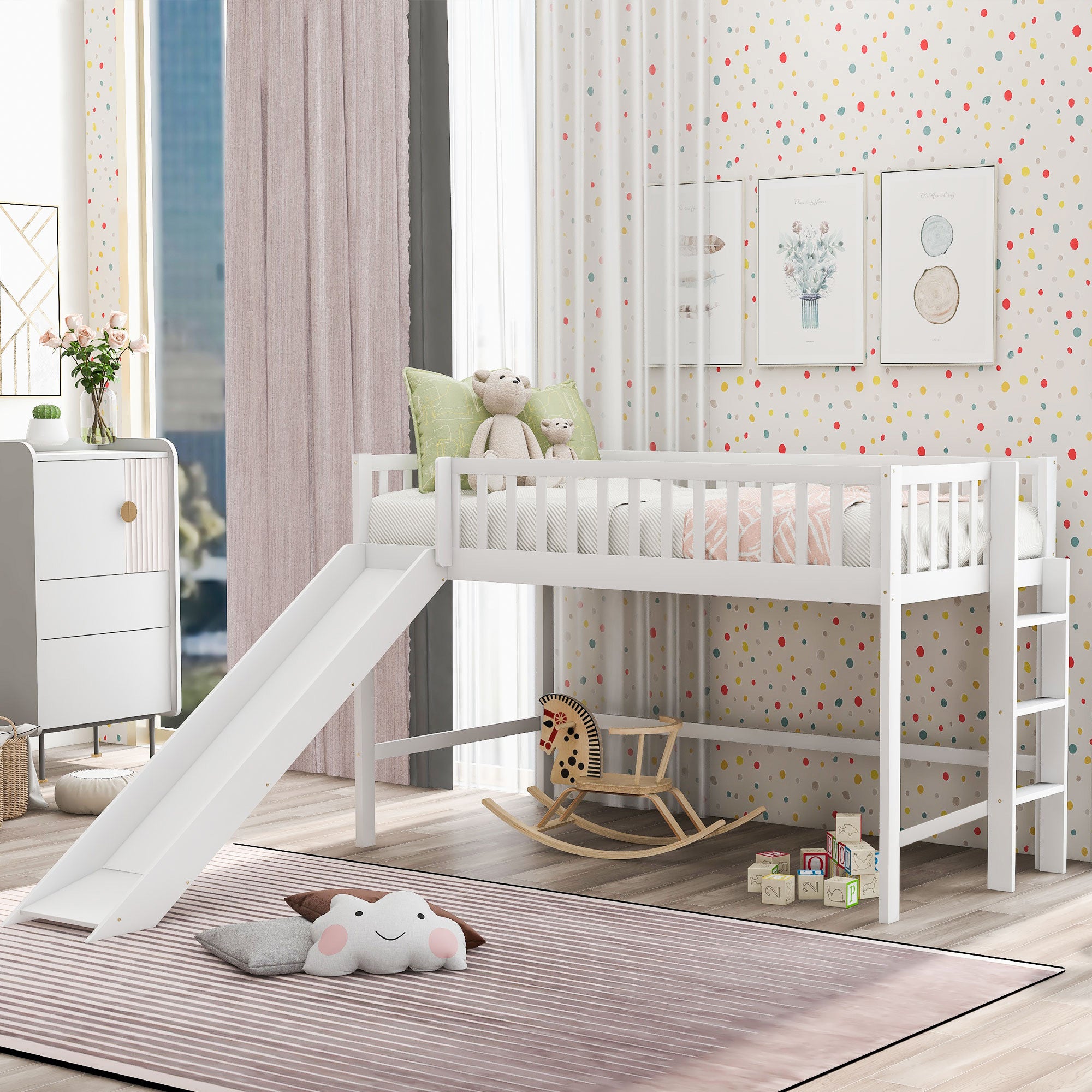Twin Low Loft Bed: Ladder & Slide, White | Kids' Space Saver