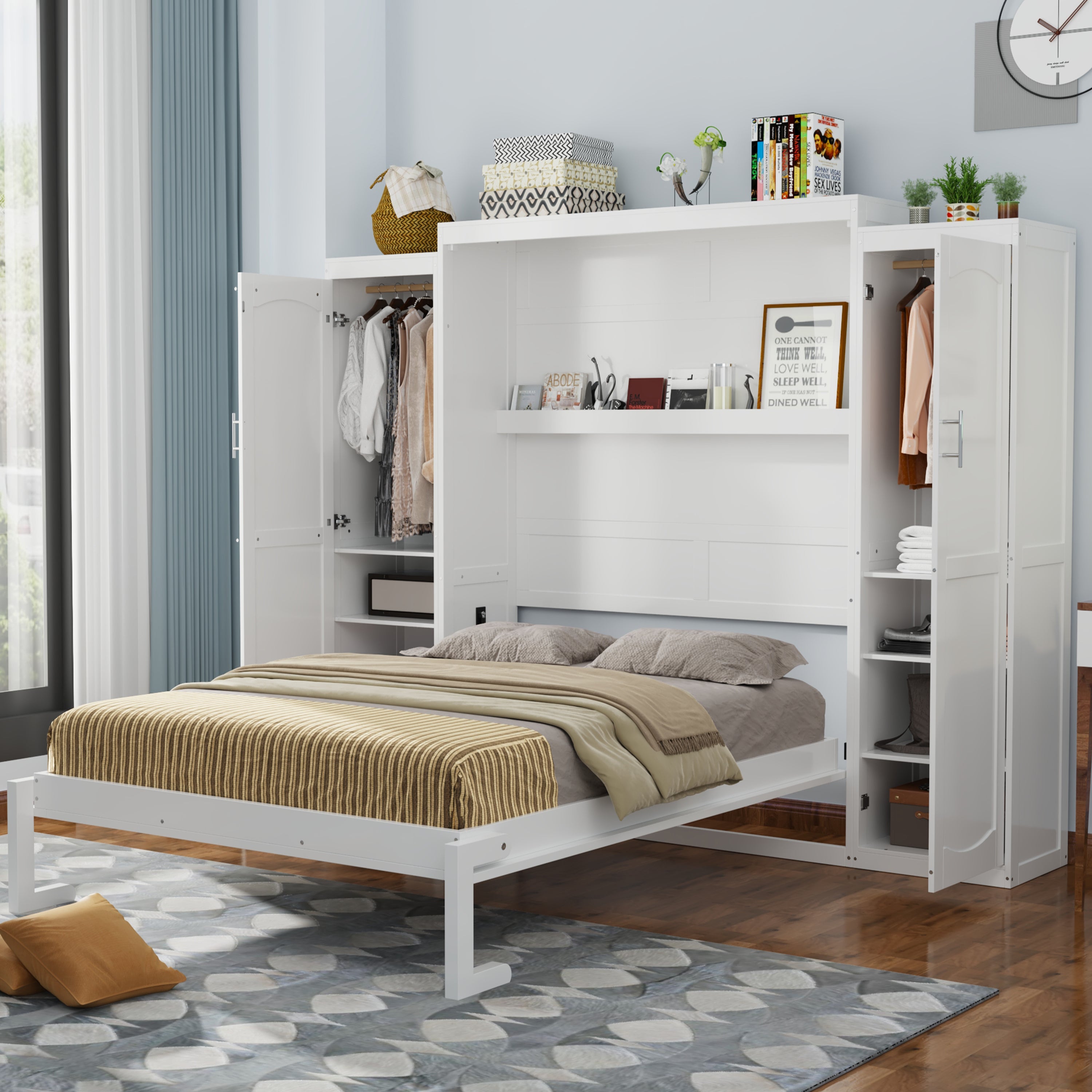 Queen Size Murphy Bed with Wardrobe & Storage - Foldable for Small Spaces