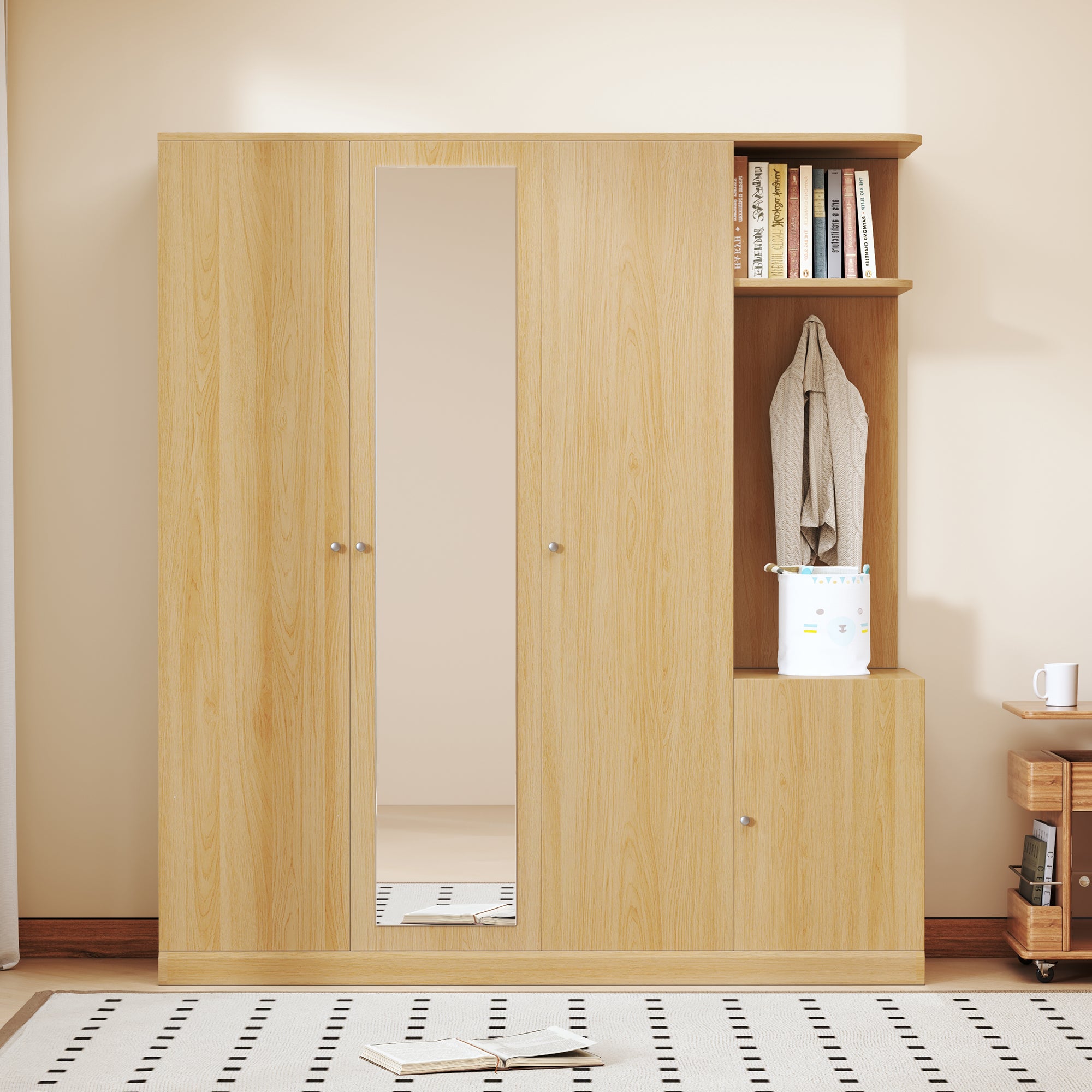 Natural 4-Door Wardrobe: Shelves, Drawers, Mirror