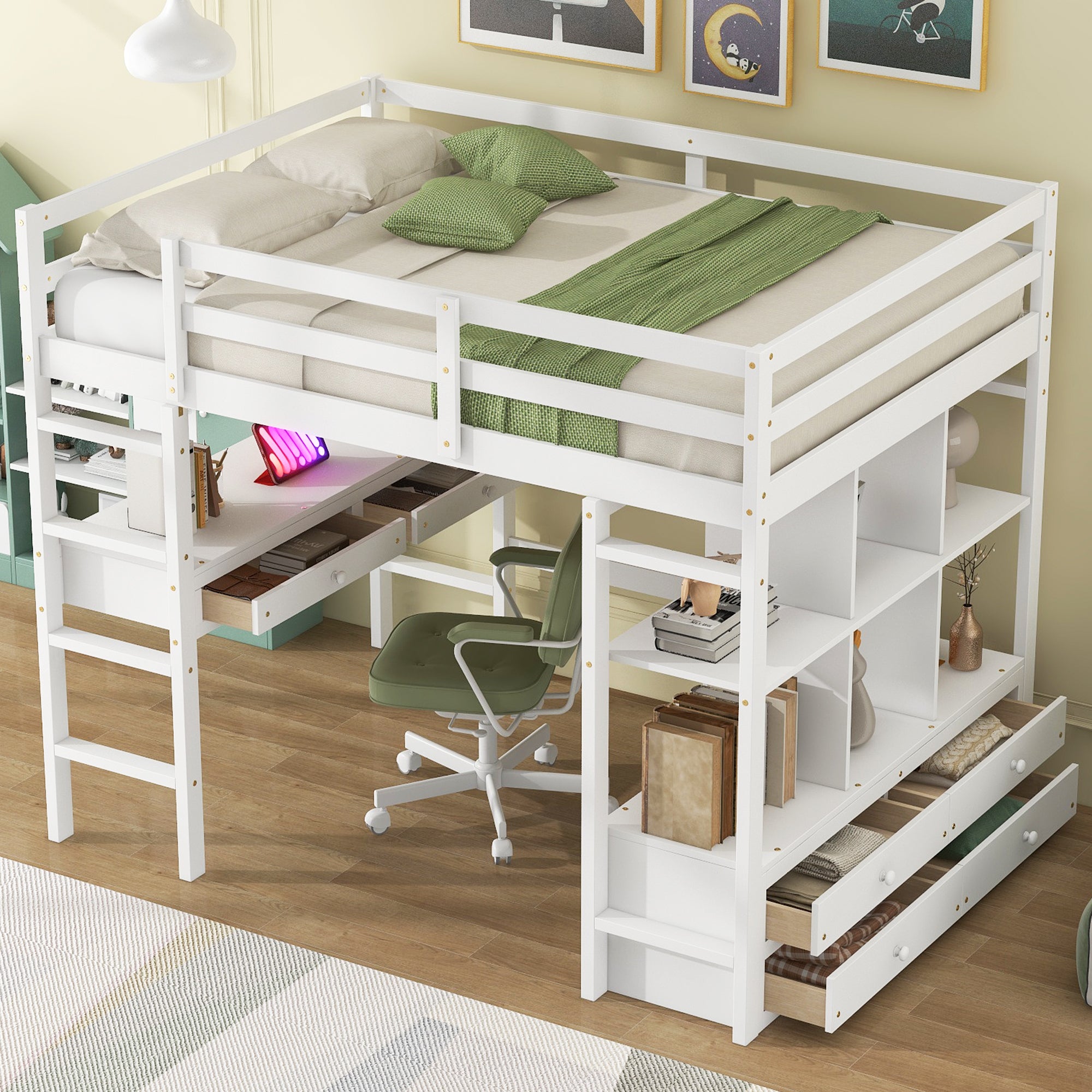 Full Size Loft Bed with Built-in Desk, Storage Drawers & Shelves - White