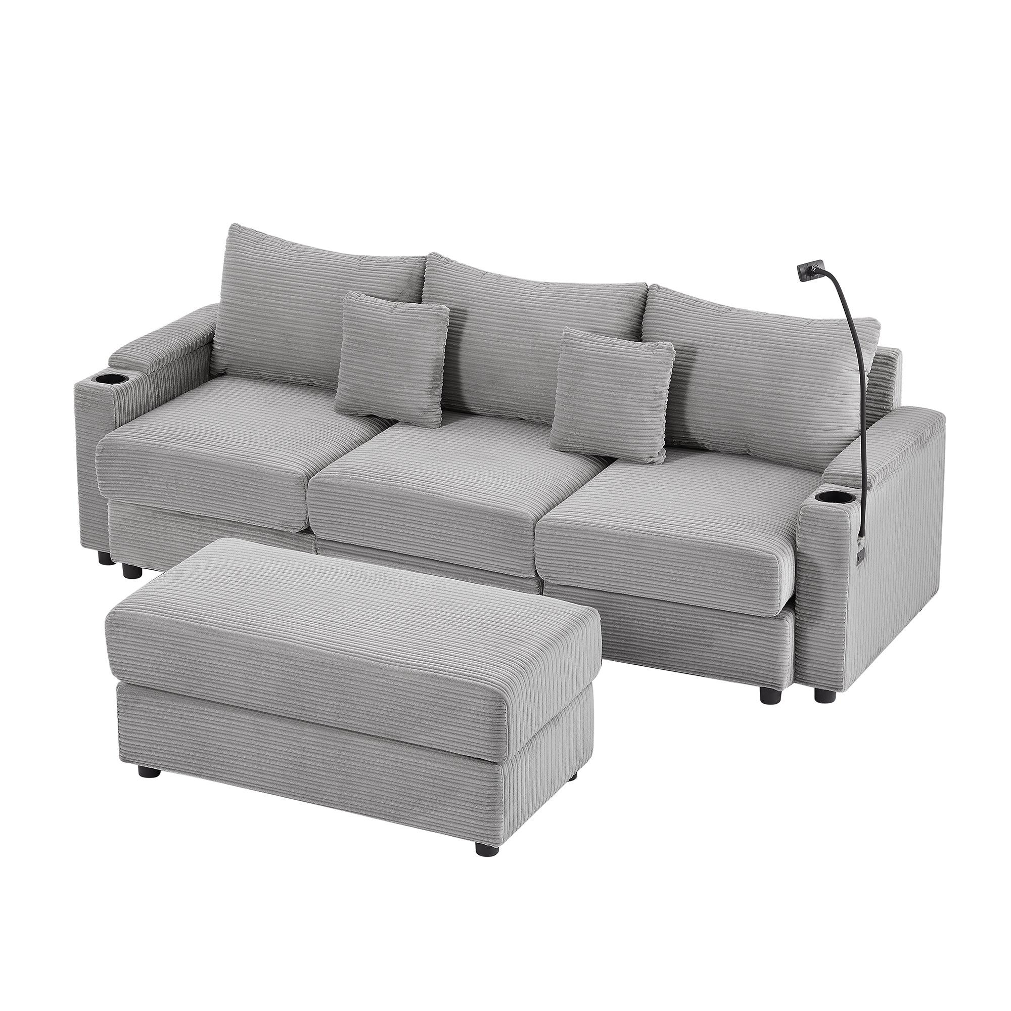 Modern Grey Corduroy Sectional Sofa 3-Seater Storage