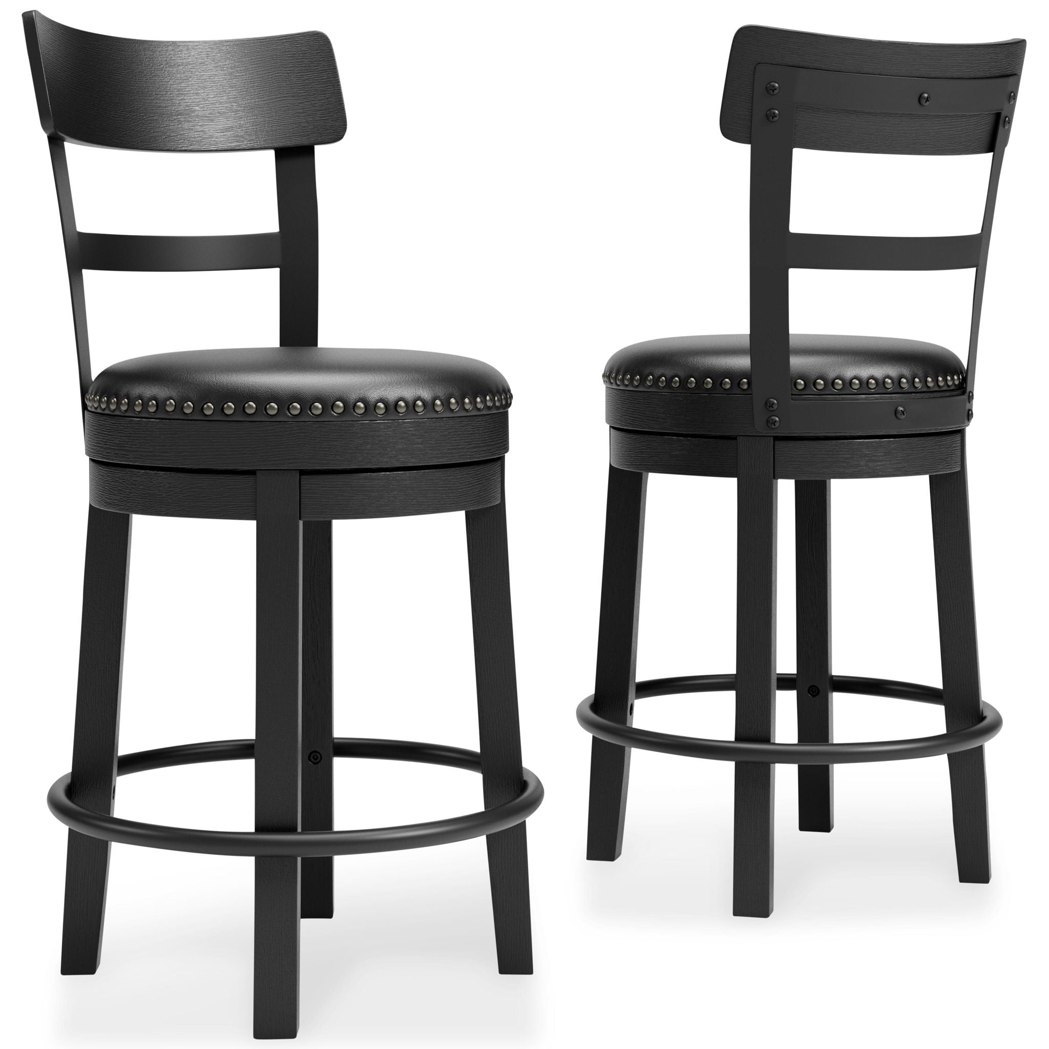 Black full-back swivel bar stool with round cushioned seat and nailhead trim