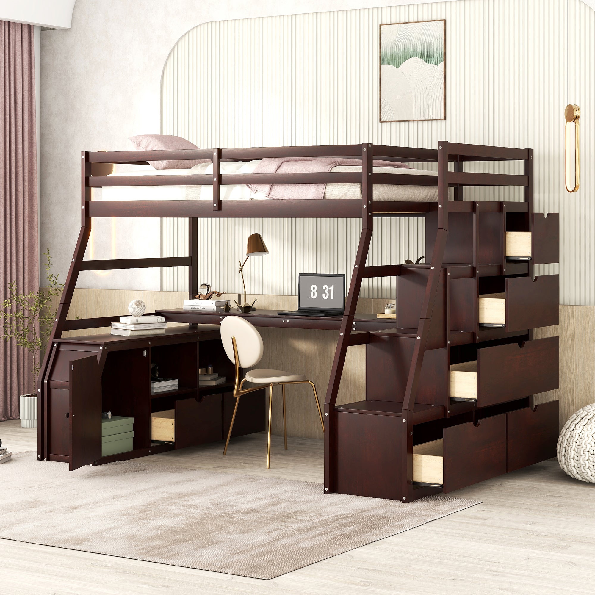 Espresso Twin Loft Bed w/ Desk, 7 Drawers, 2 Shelves