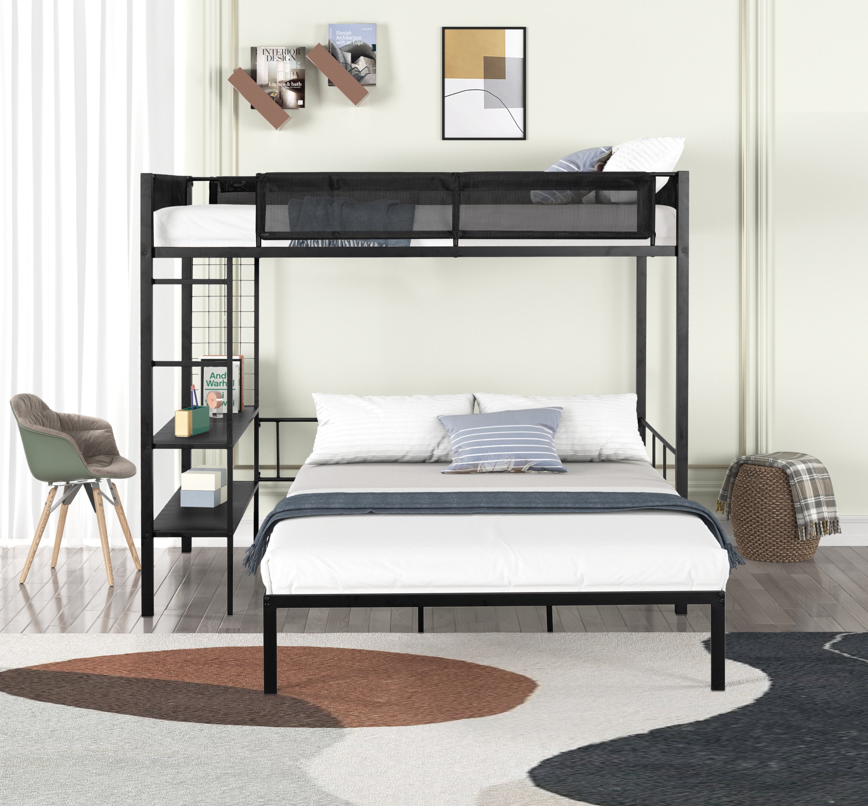 Metal Twin Over Full Bunk Bed with Shelves