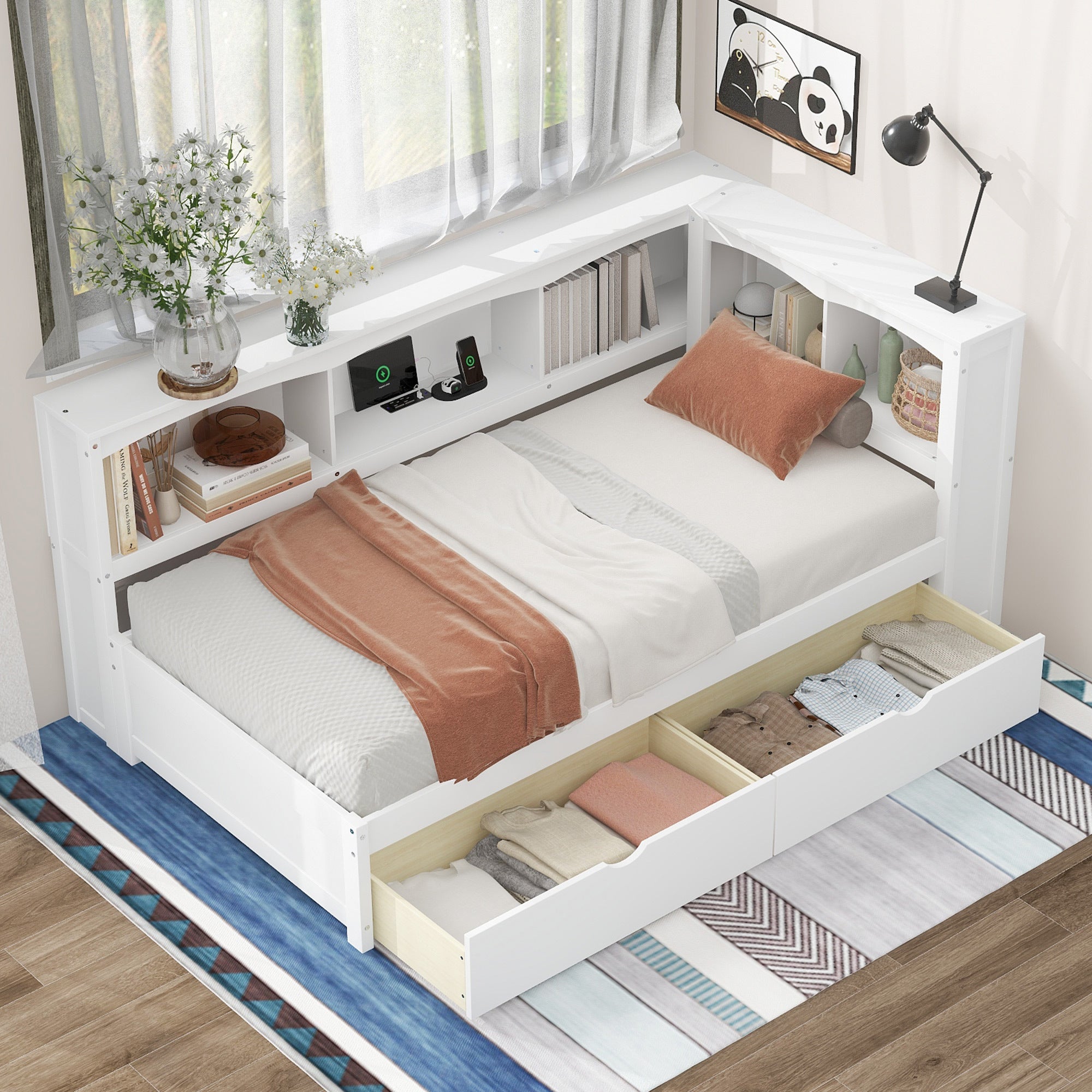 White Twin Daybed w/ Storage Drawers, Cabinets & USB Charging