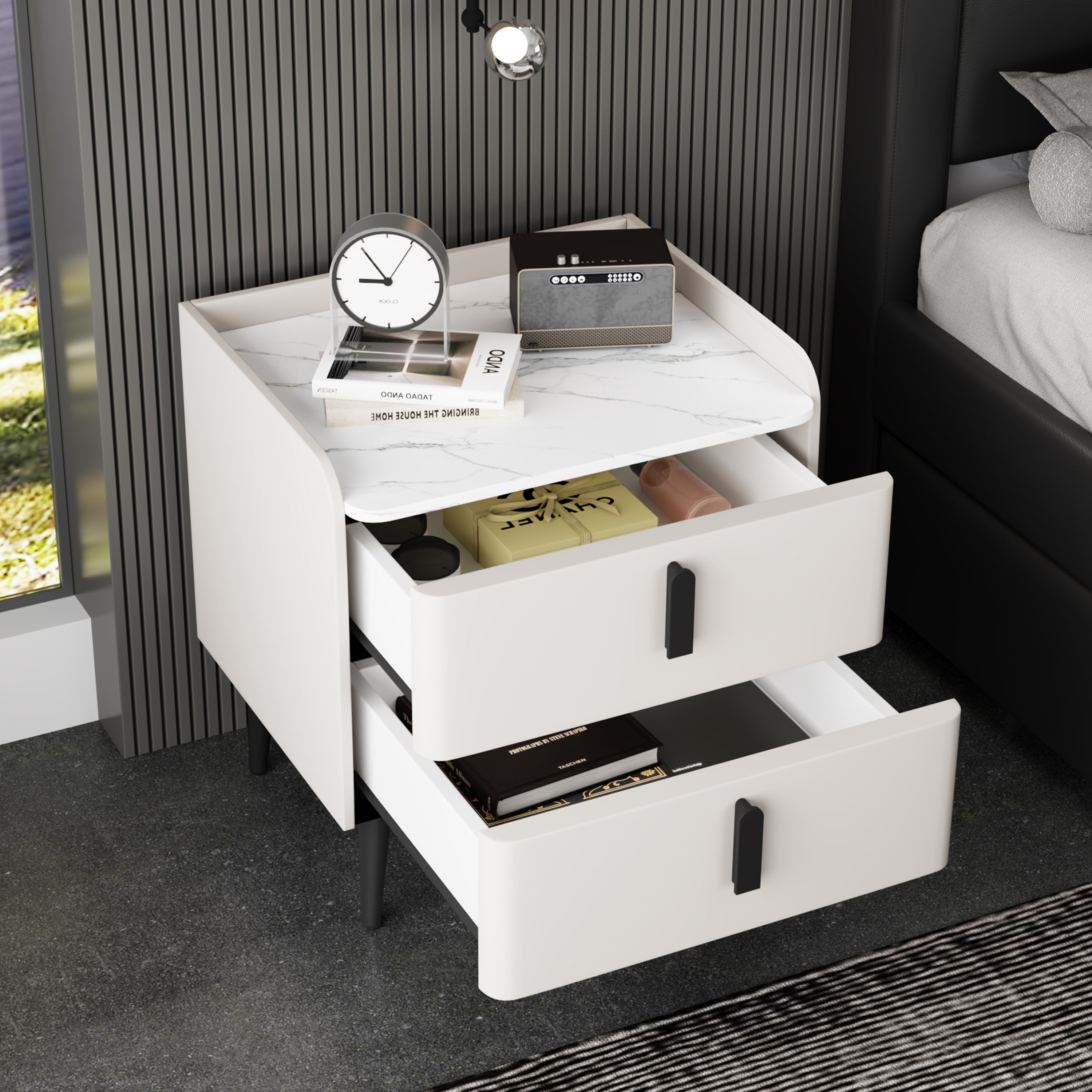 White Modern Nightstand with 2 Drawers, Marble-Top Beside End Table