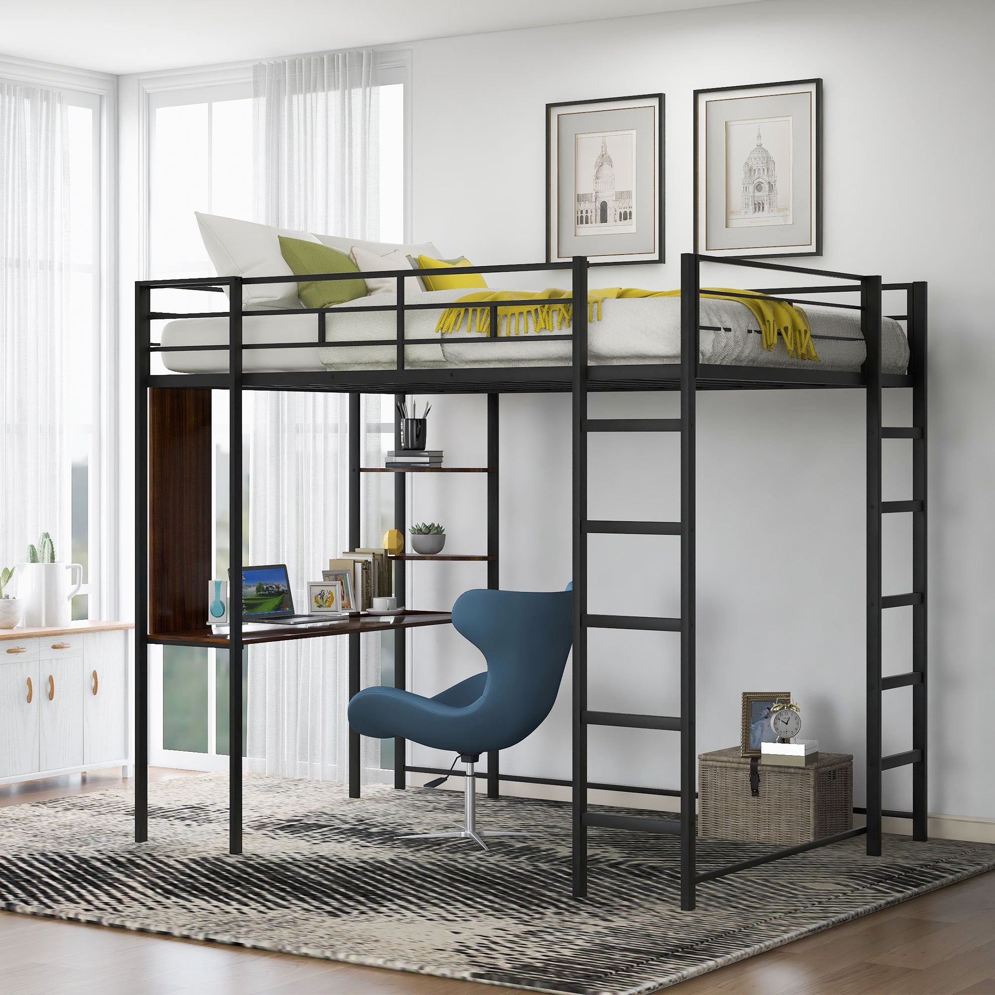 Full Size Metal Loft Bed with Desk & Shelves - Black Space Saver