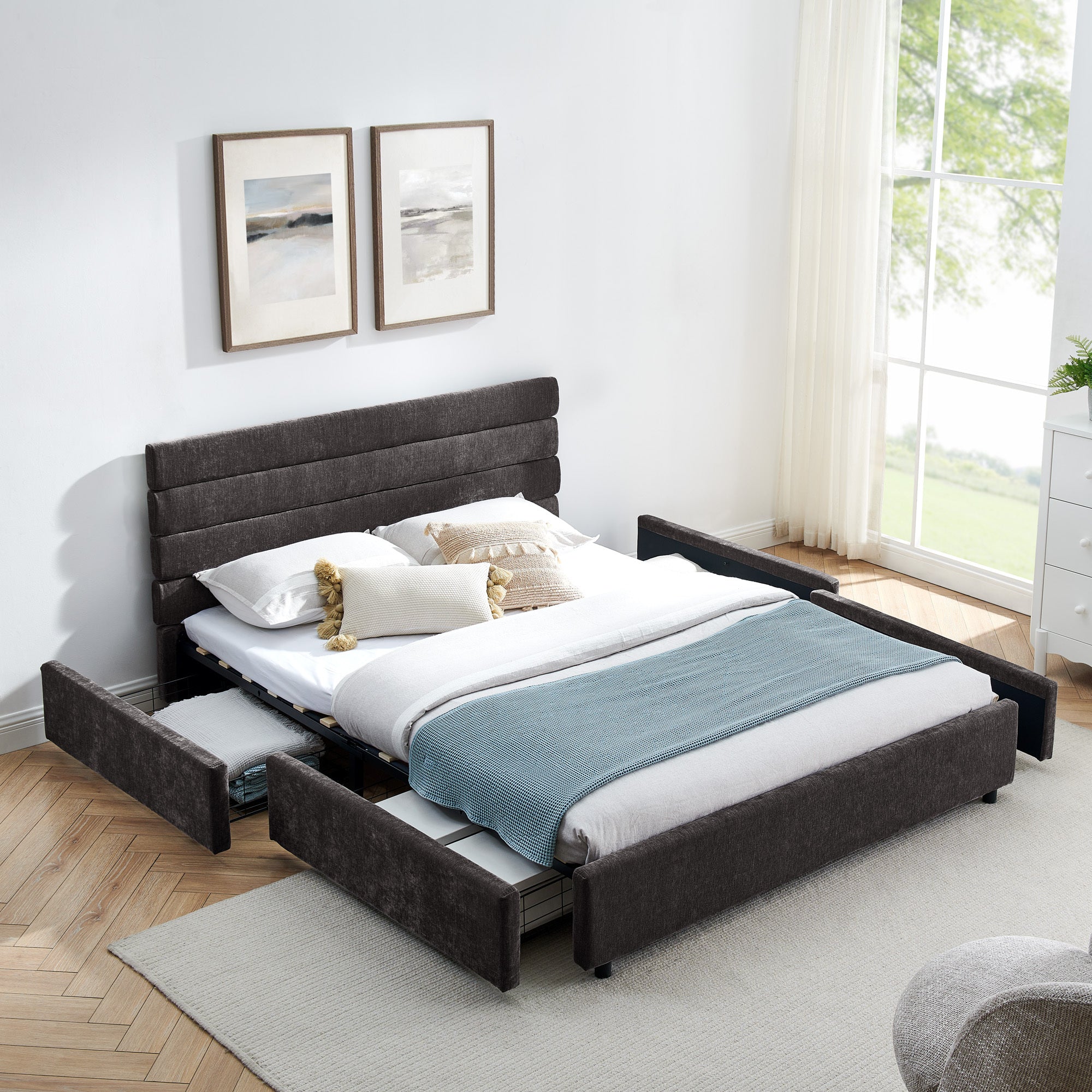 Queen Size Cushioned Bed Frame with Headboard - Beige Comfort