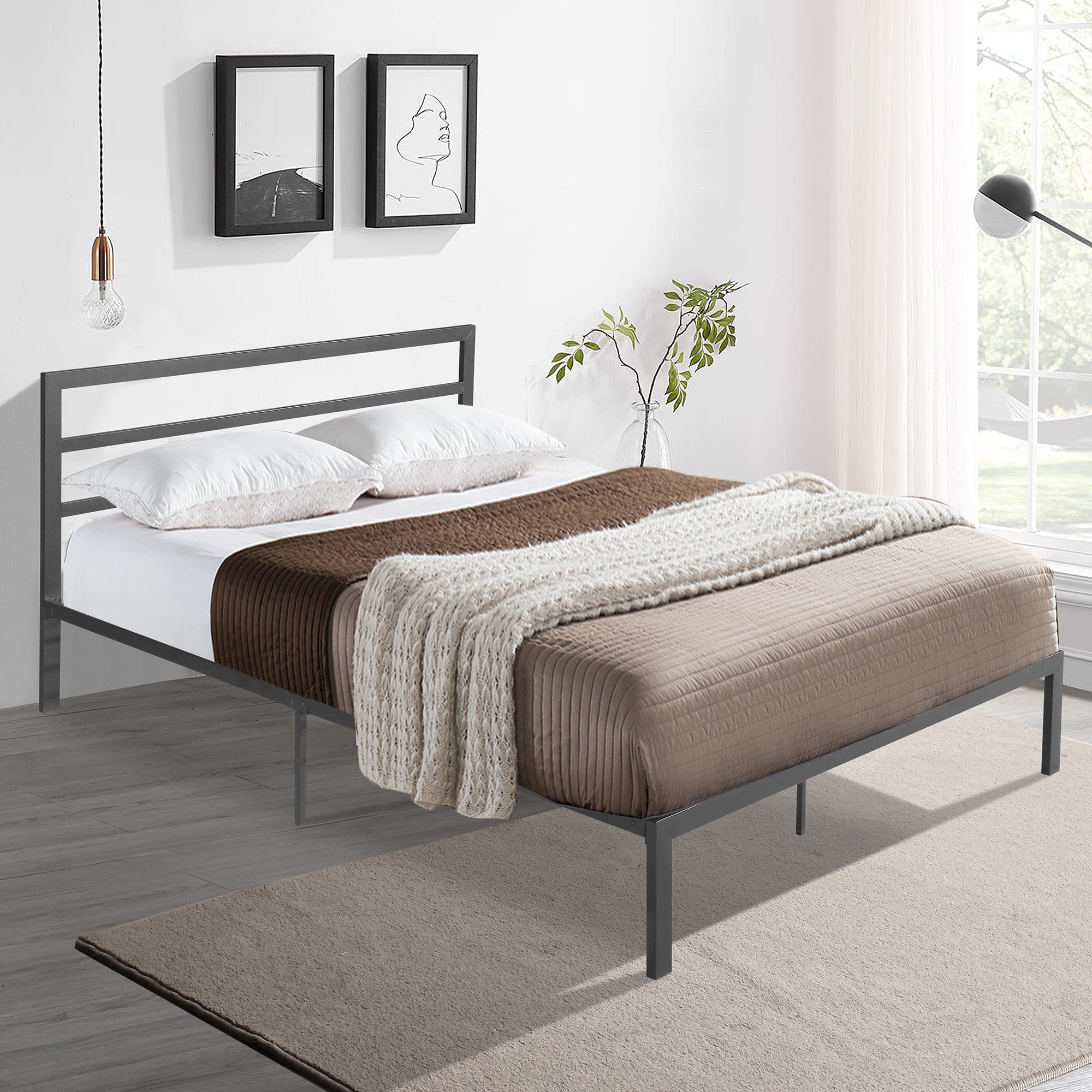 Charcoal Grey Queen Metal Bed Frame w/Headboard